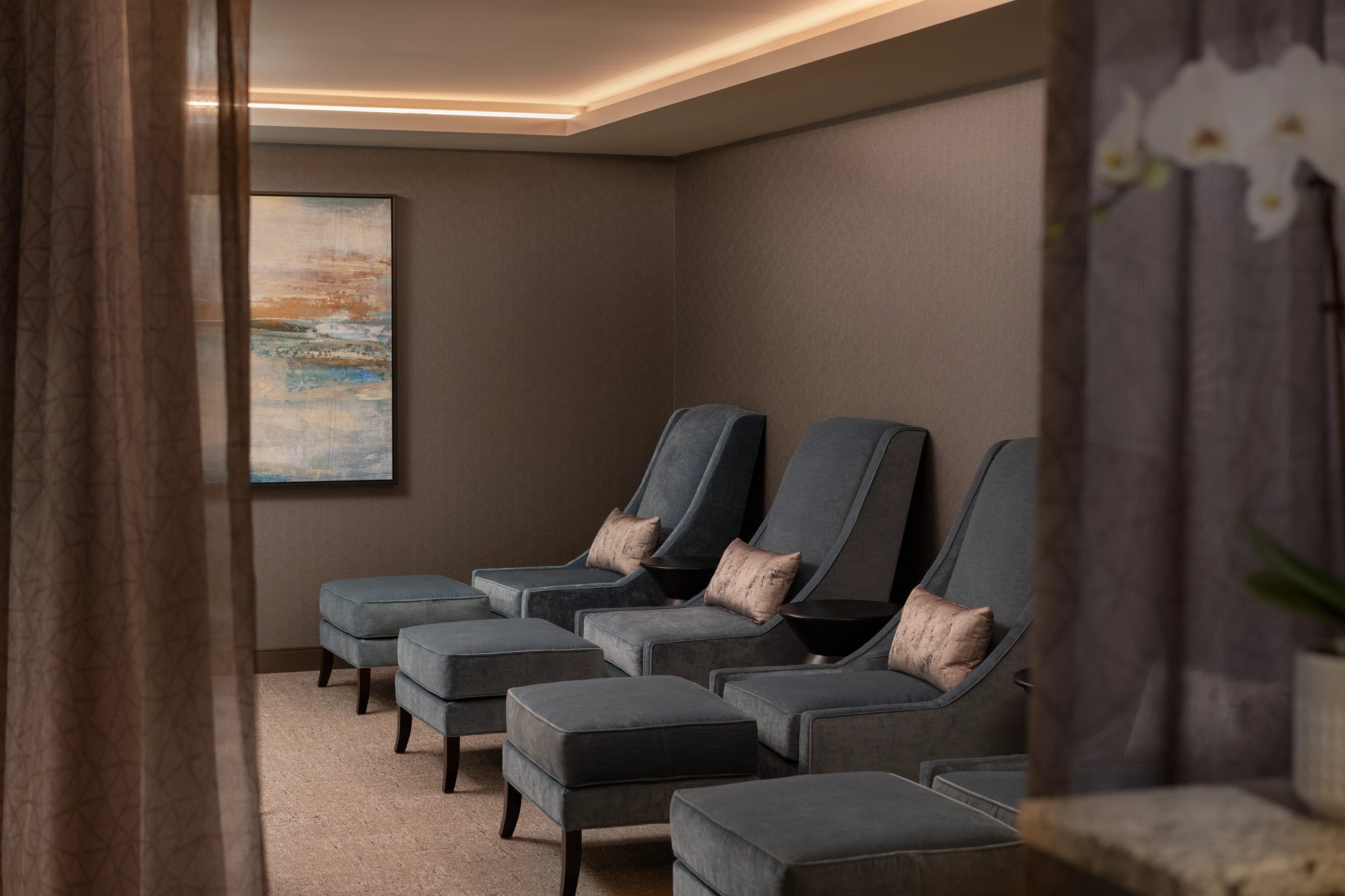 Comfortable chairs in the lobby for the MediSpa at Life Time