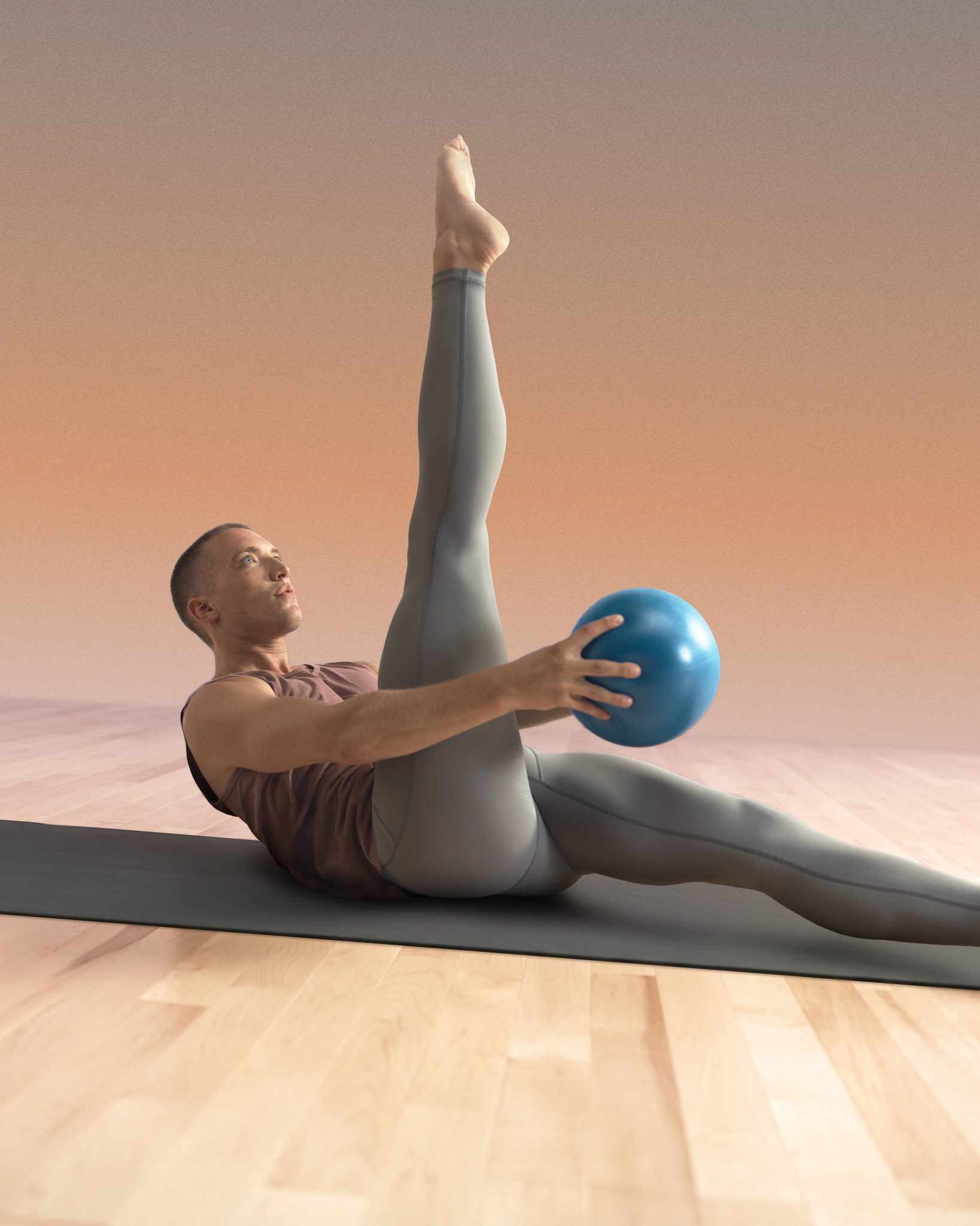 MAT Pilates participant on floor with leg raised using ball at Life Time
