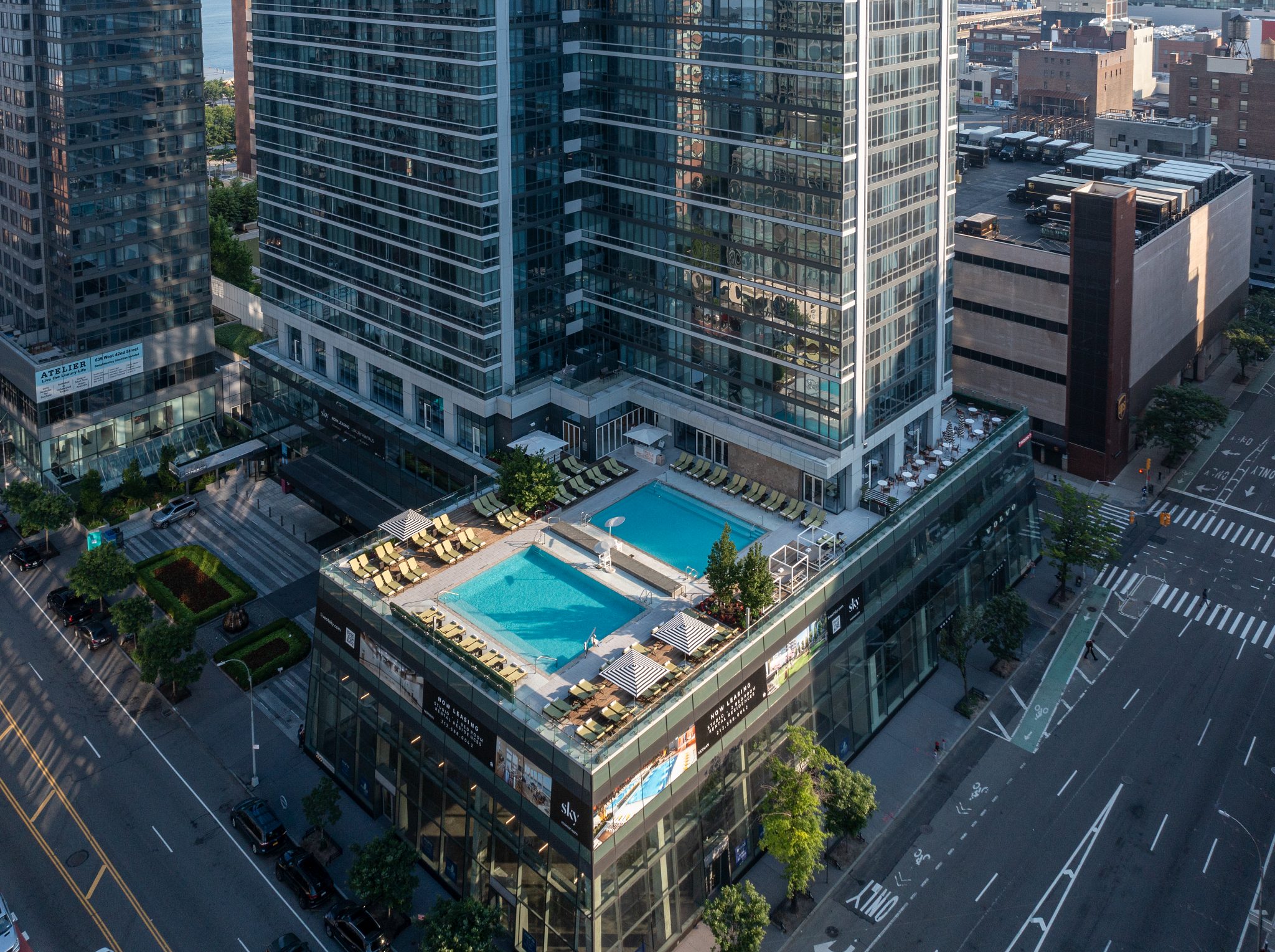 An aerial view of the rooftop pool deck at Life Time Sky