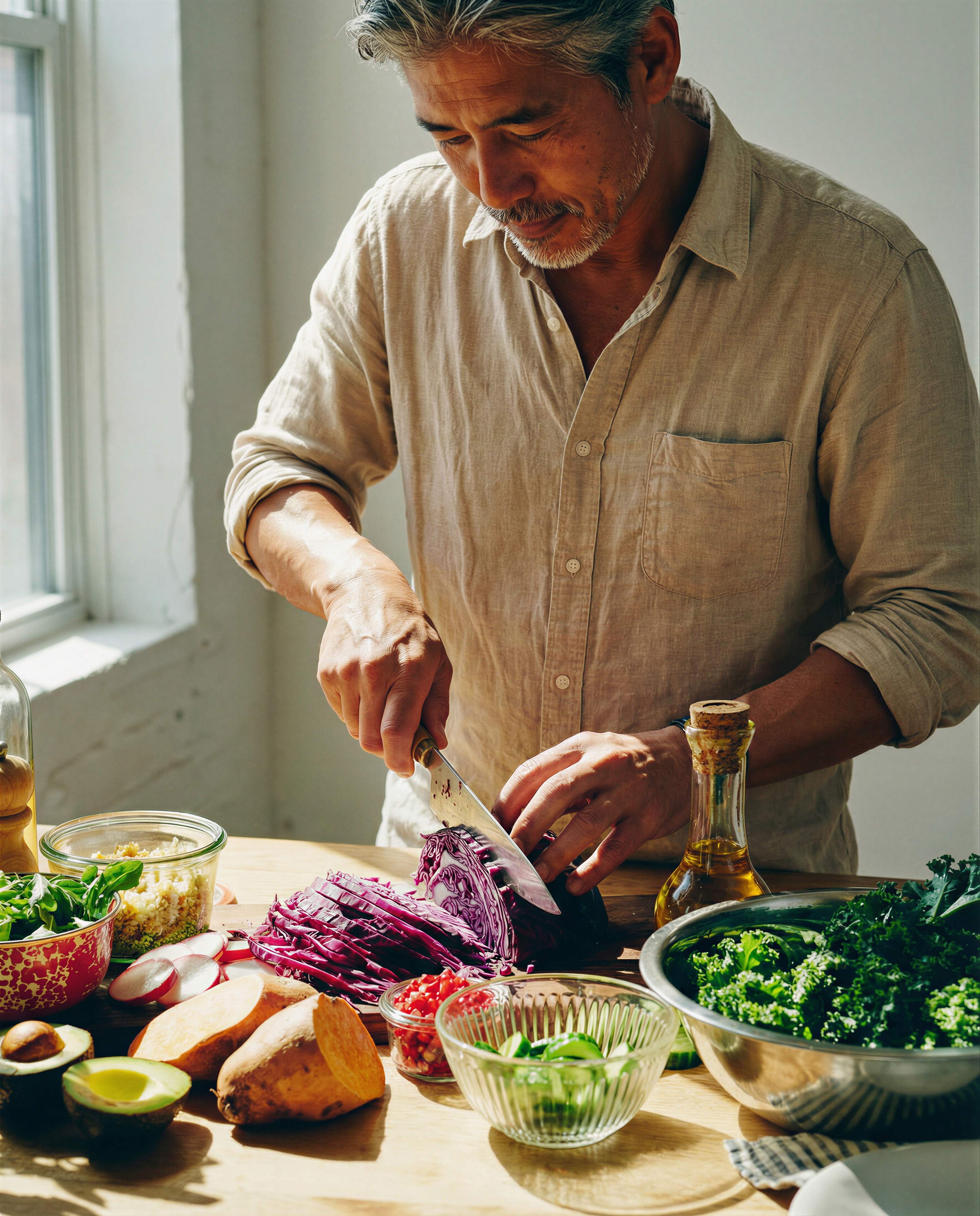 A man cutting cabbage while making a salad
