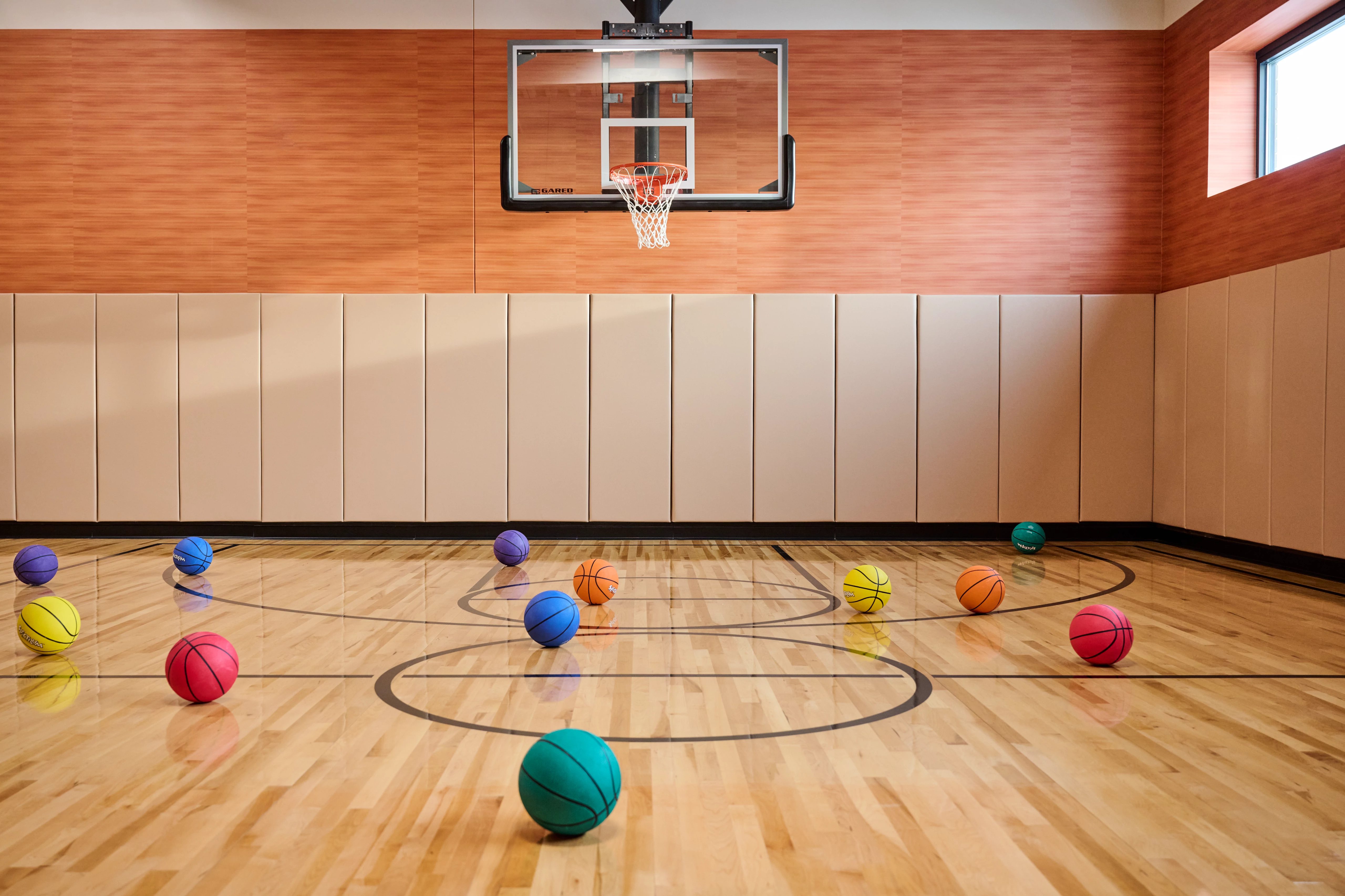 colorful display of basketballs on a basketball court
