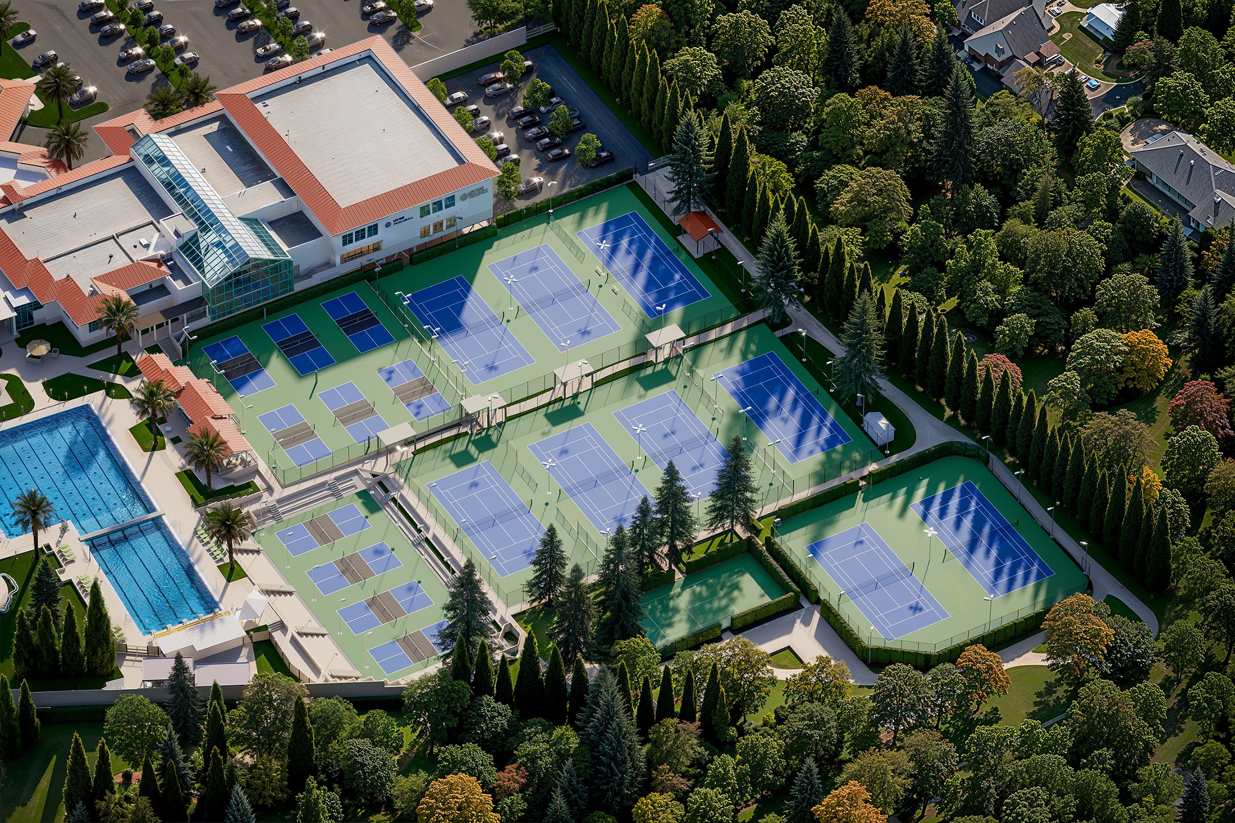 Rendering showcasing the outdoor pickleball and tennis courts at Life Time Arden club location