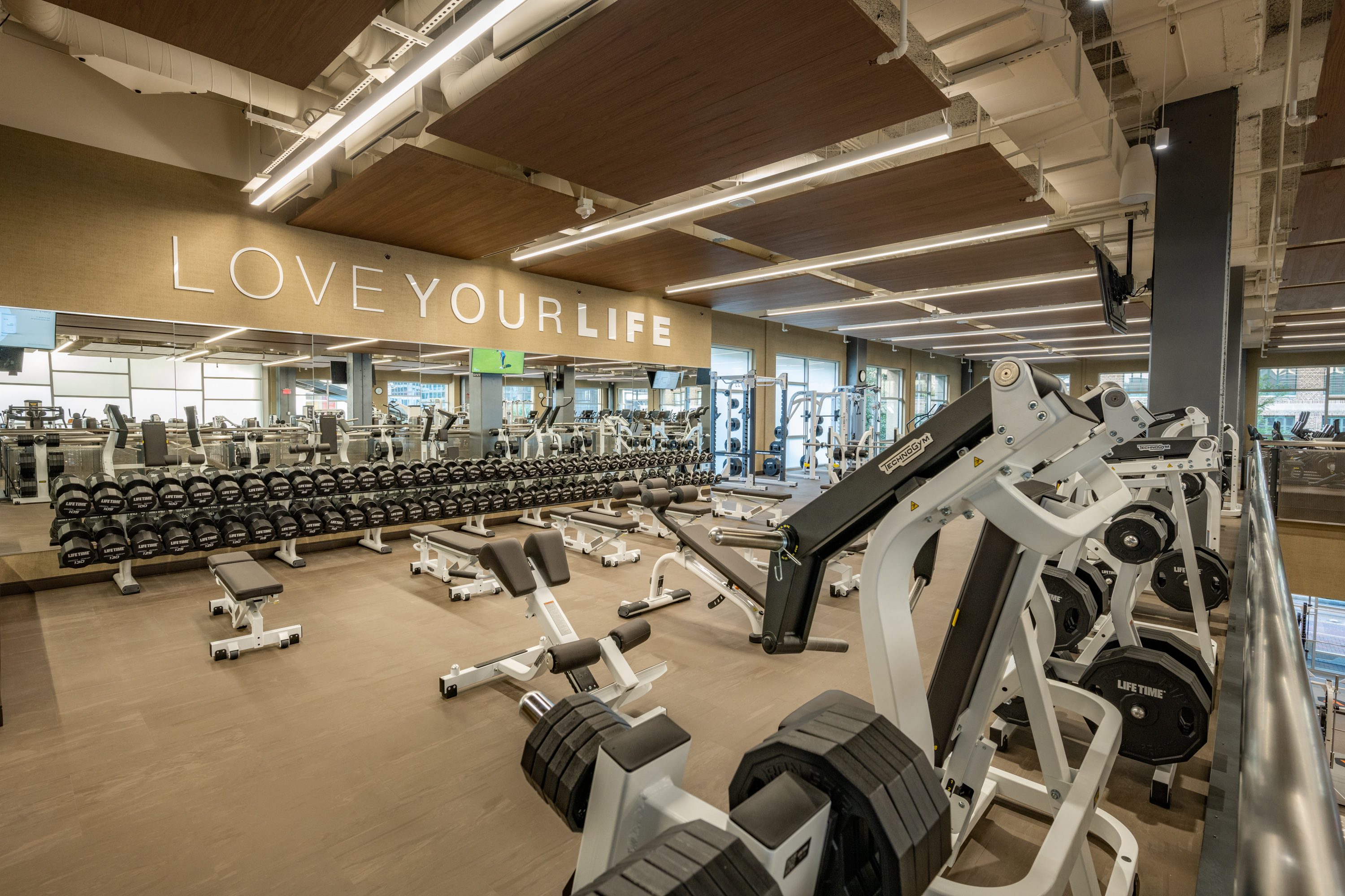 Free weight area with many weight lifting options at Life Time