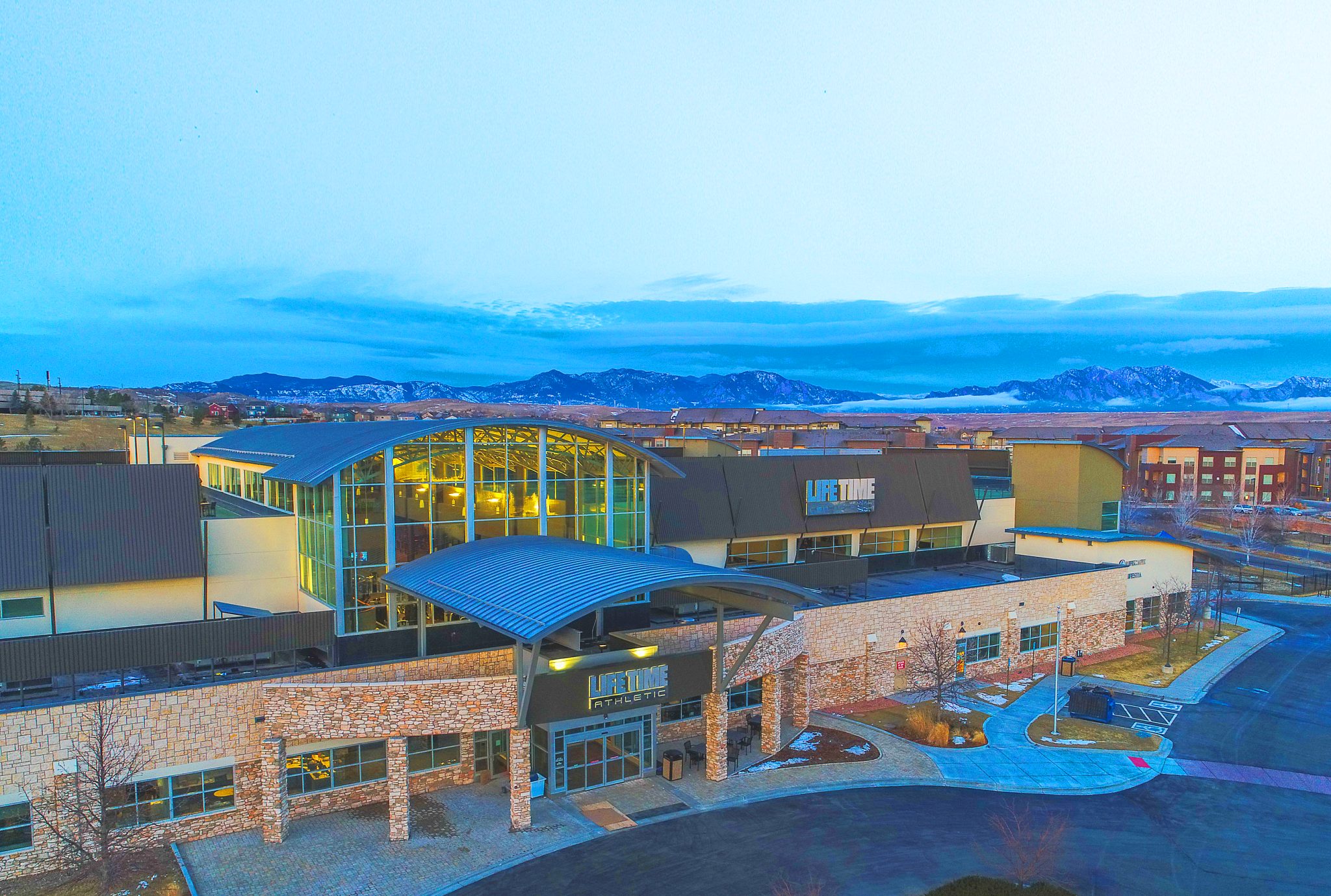 An aerial view of the exterior of Life Time Flatirons