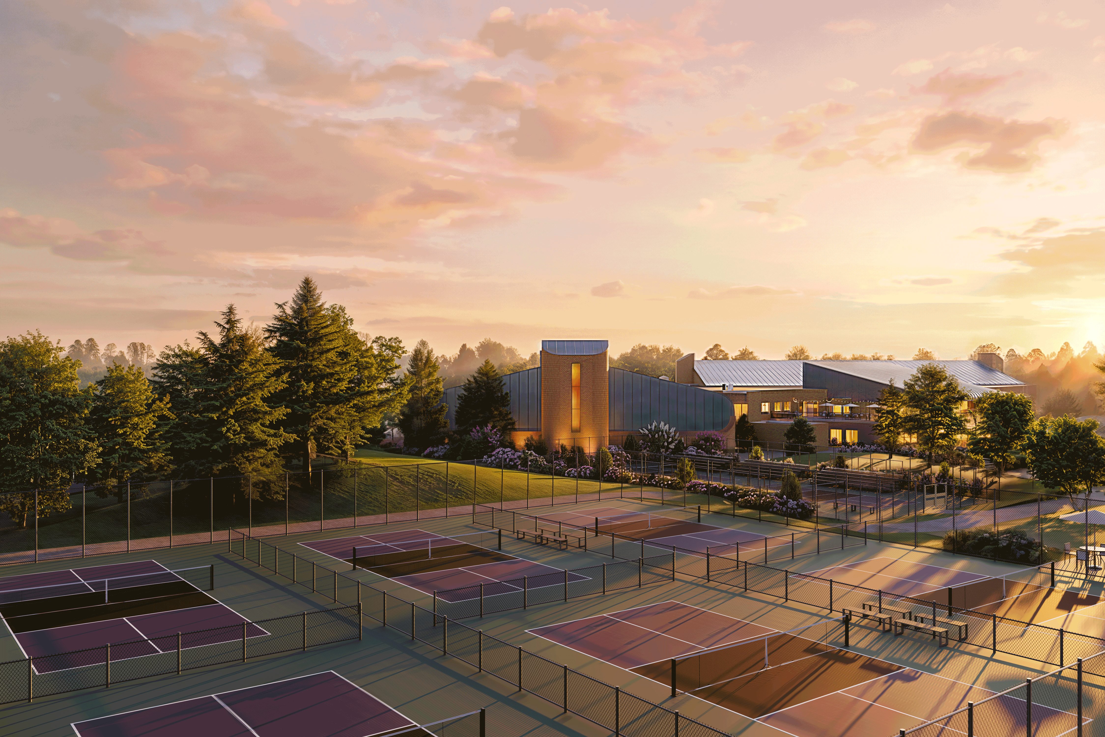 Outdoor pickleball courts at the Life Time Perimeter club location