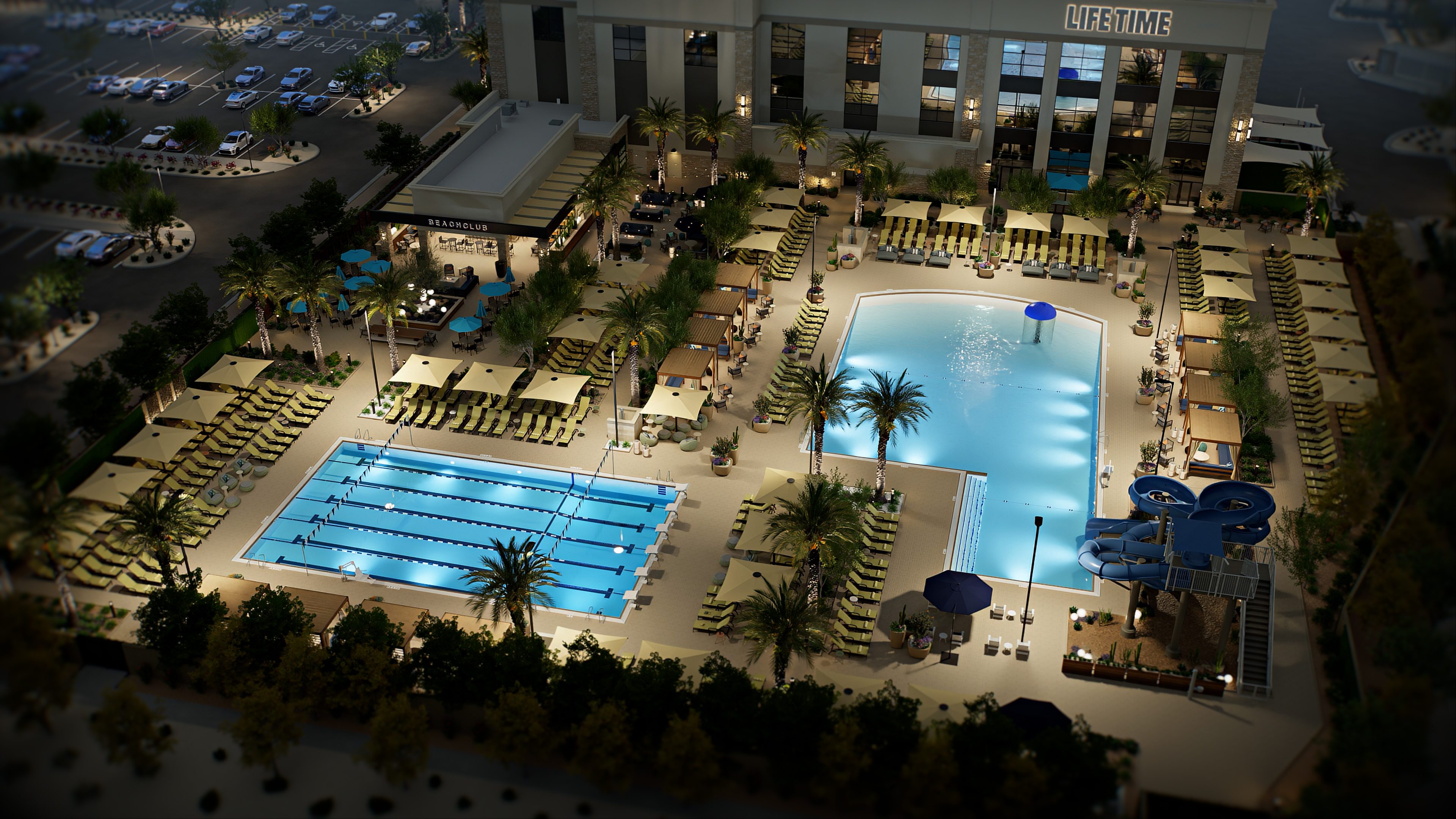 outdoor lap and leisure pool with lounge chairs