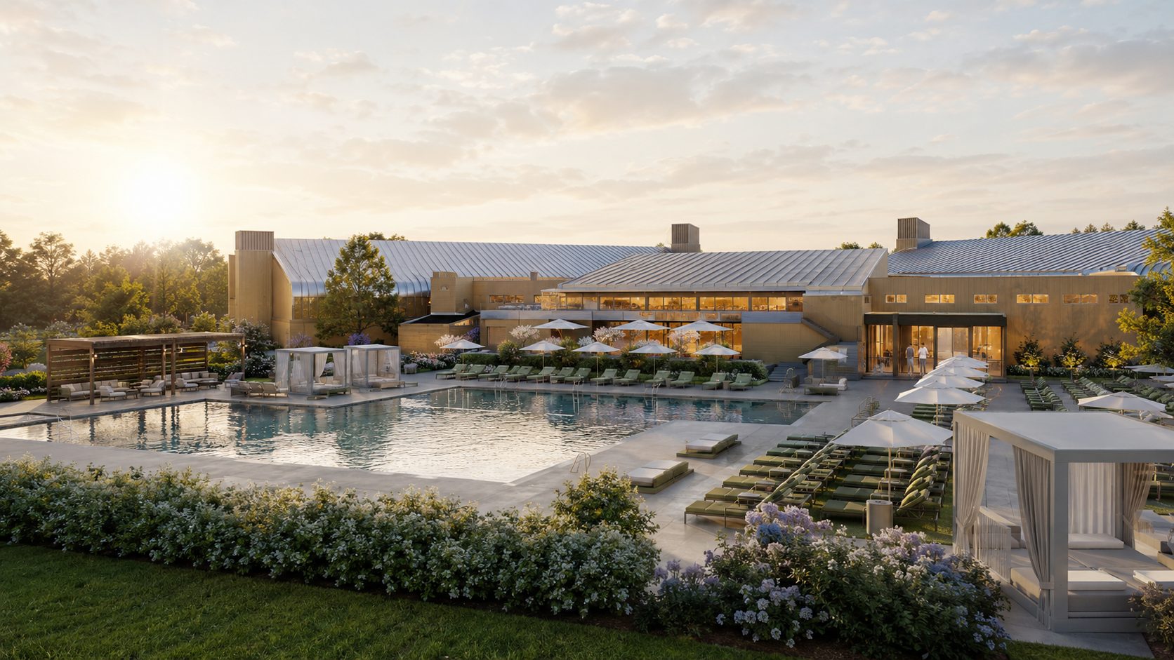 outside pool at Life time with lounge chairs and cabanas