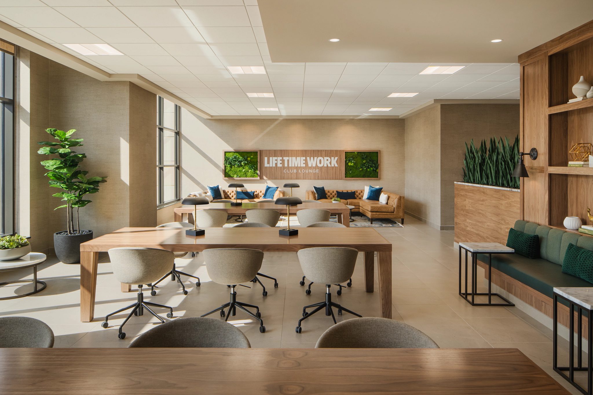 Open work space in the Life Time Work Club Lounge area at Life Time
