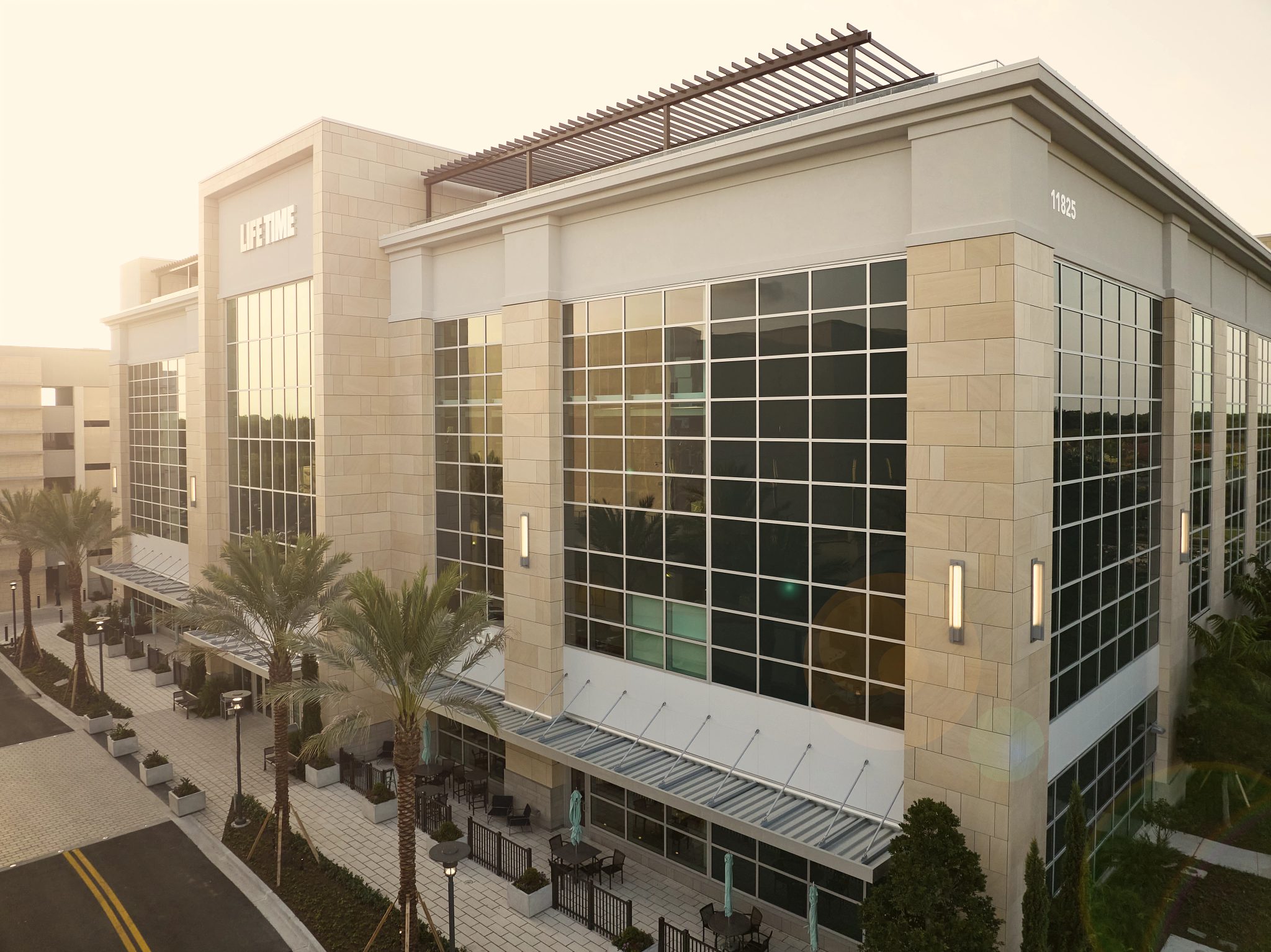 An aerial view of the exterior of Life Time Palm Beach Gardens