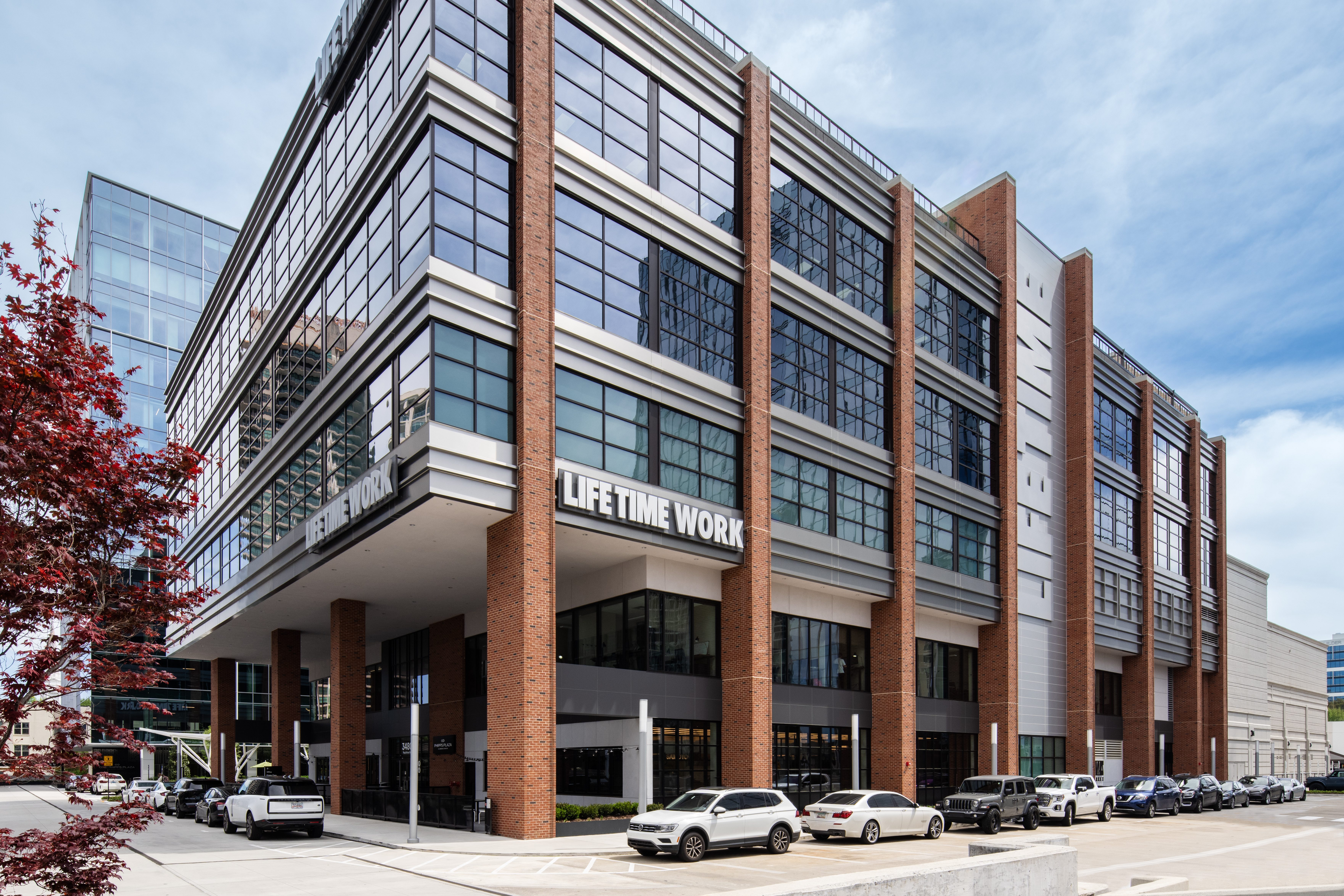 The exterior of the Life Time Buckhead at Phipps Plaza and the Life Time Work enterance