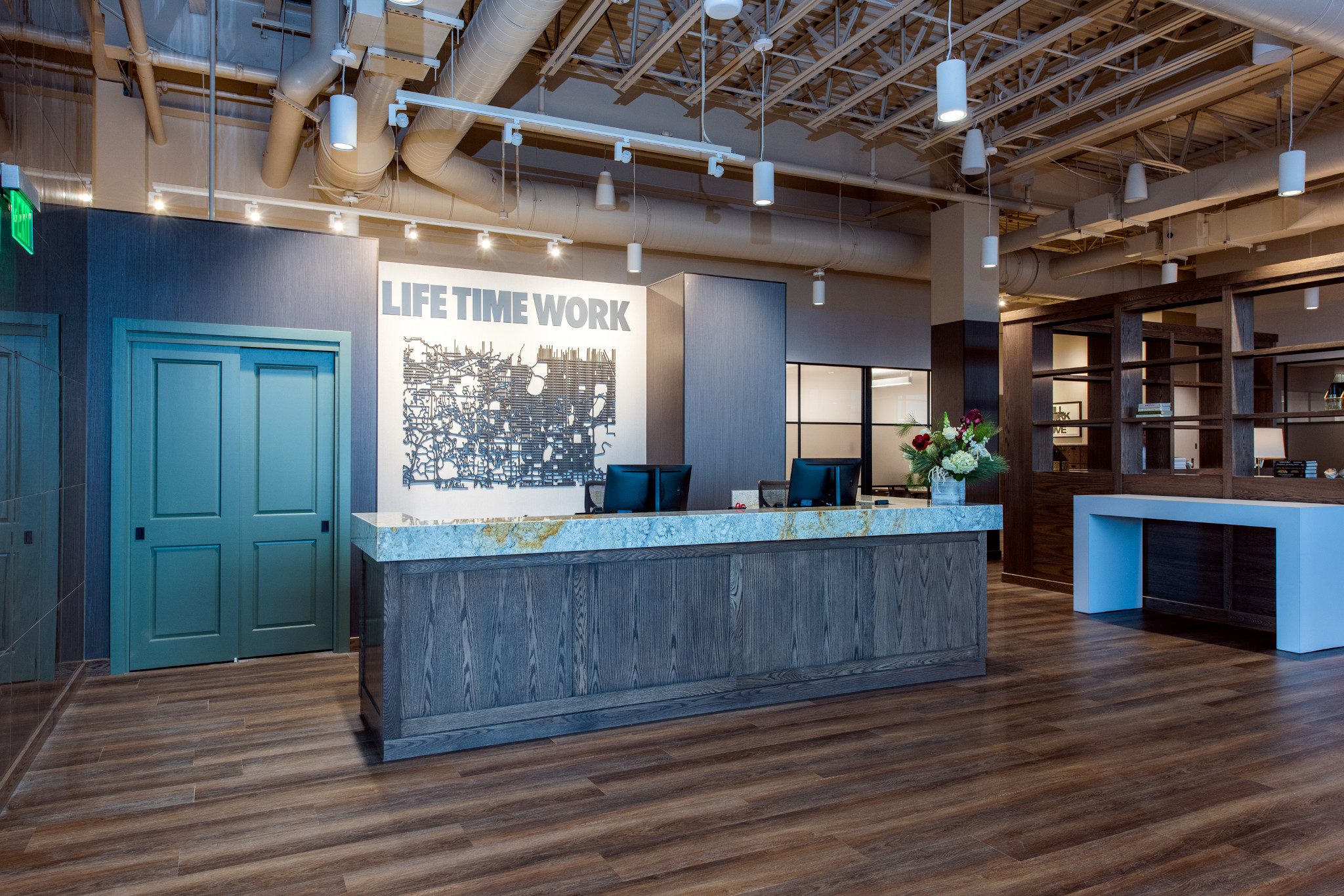 The reception desk and enterance to Life Time Work Southdale