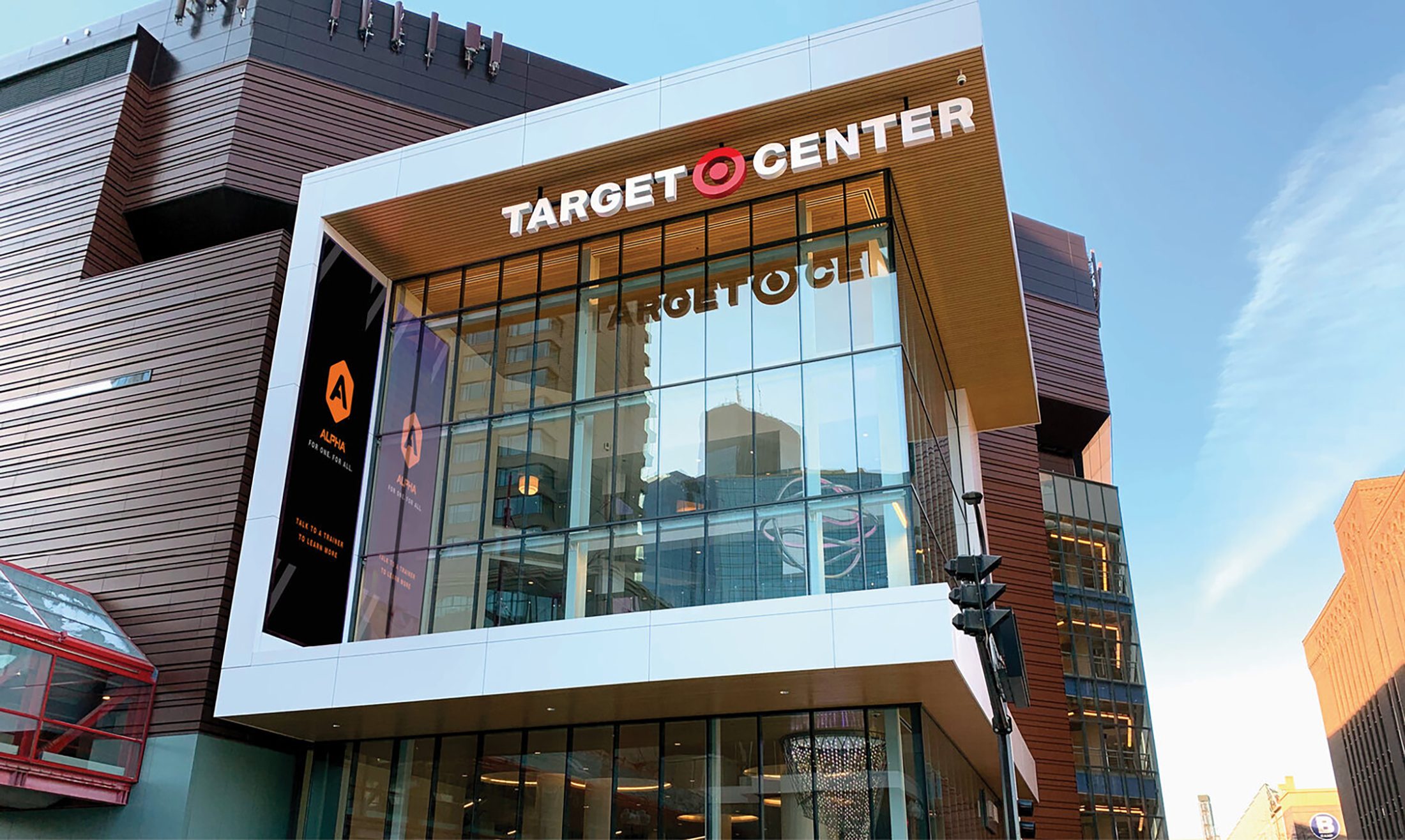 The exterior of Target Center and the enterance to Life Time Target Center