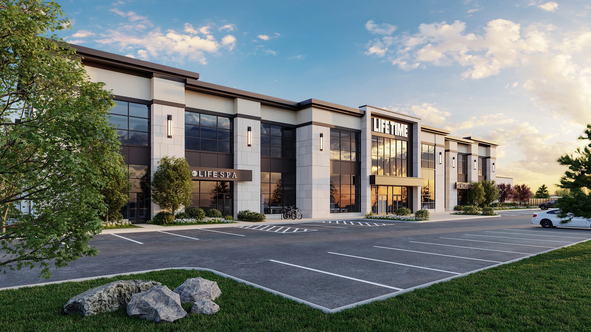 The exterior of a Life Time location and parking lot