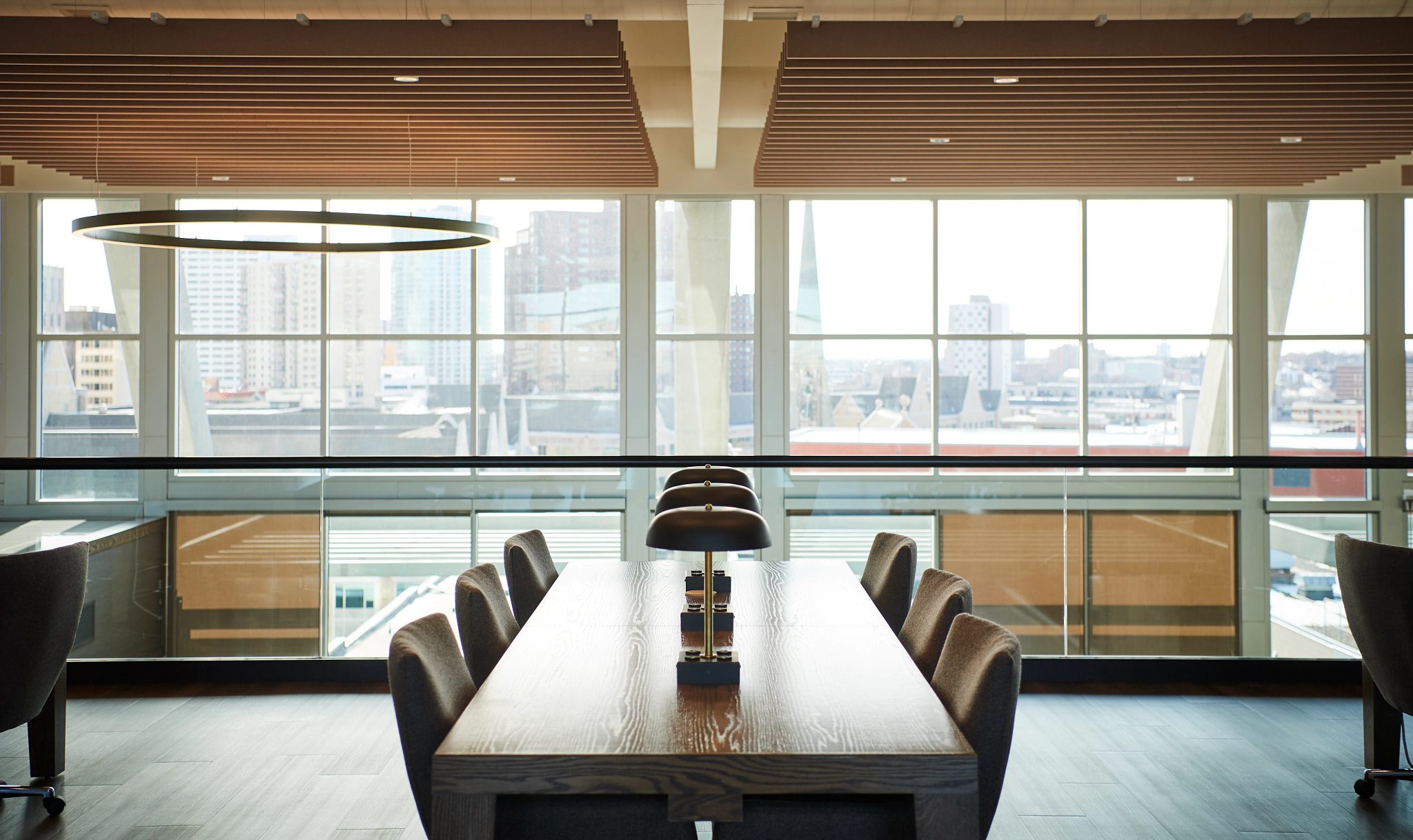 Coworking tables with seating in a warm work environment