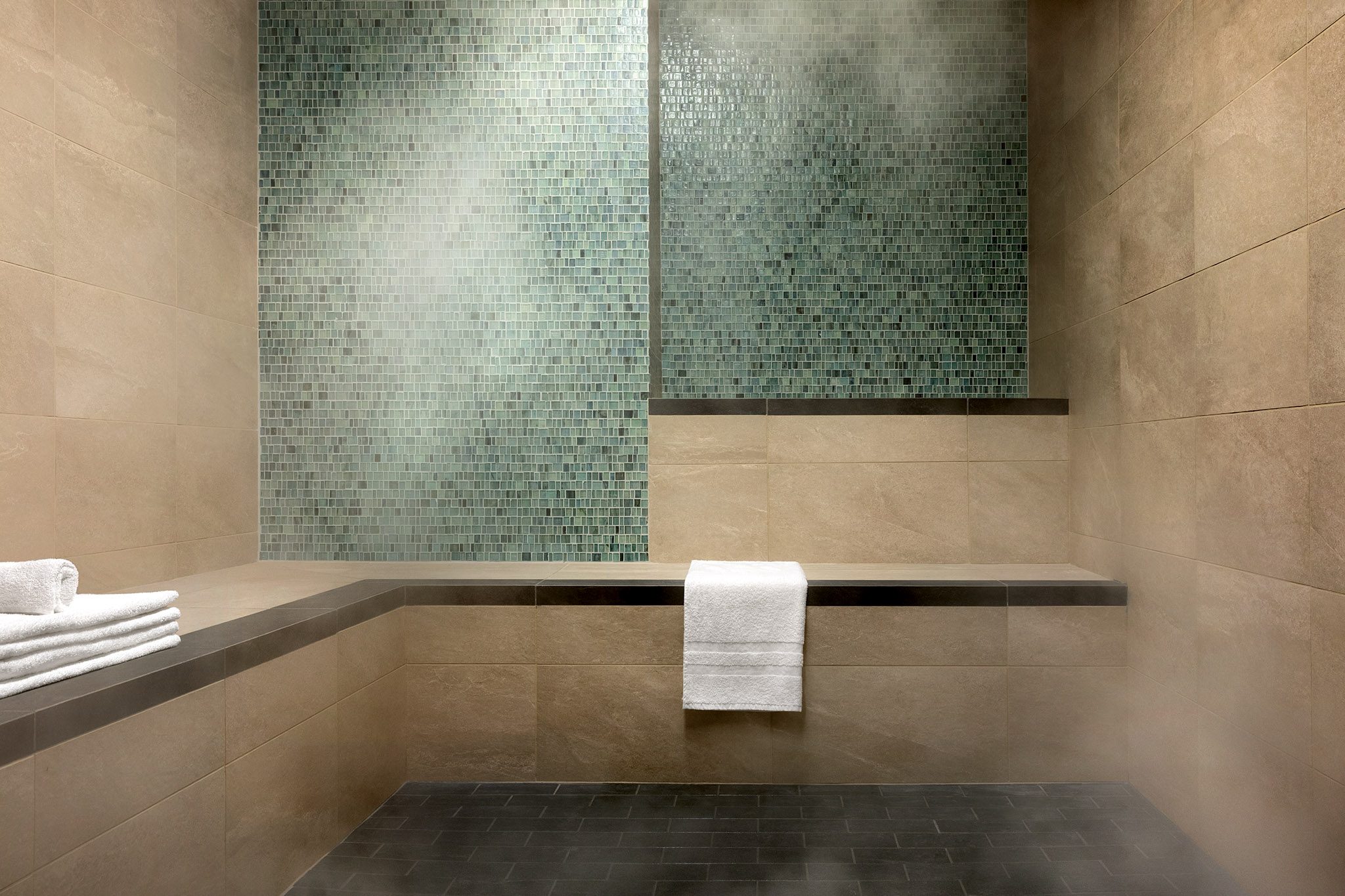 Steamy eucalyptus steam room with towels