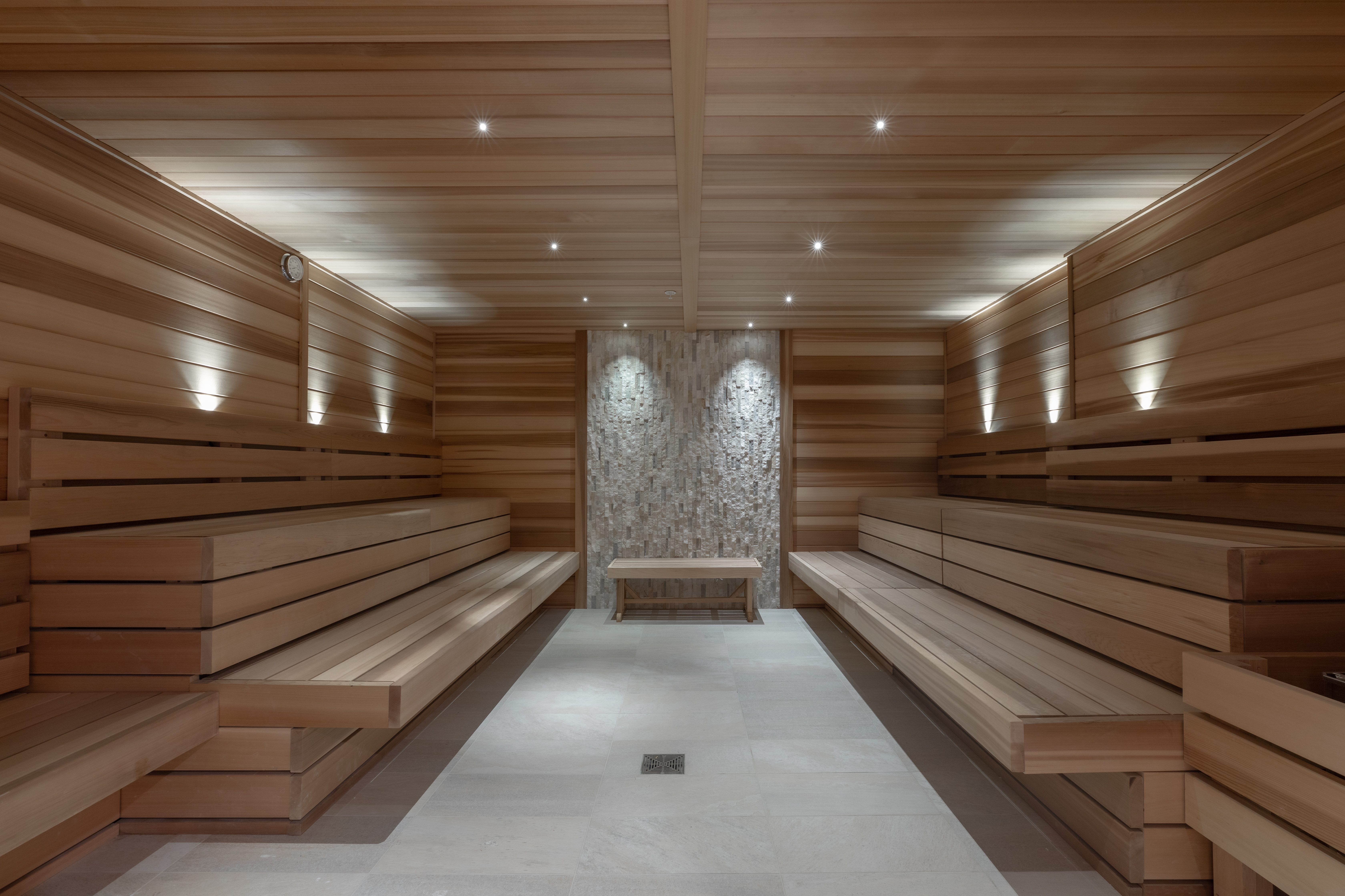 Wood and tiled dry sauna at Life Time