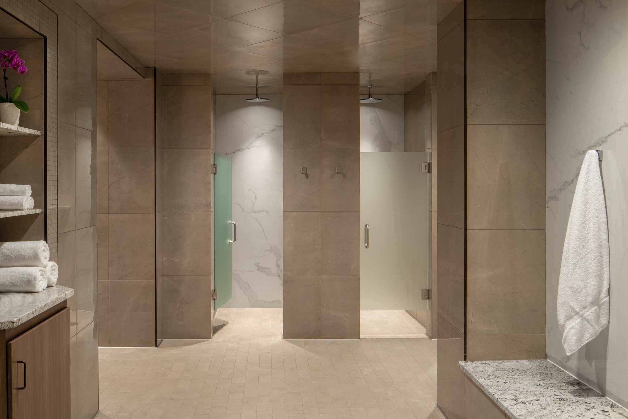 A shower area in the Life Time locker rooms