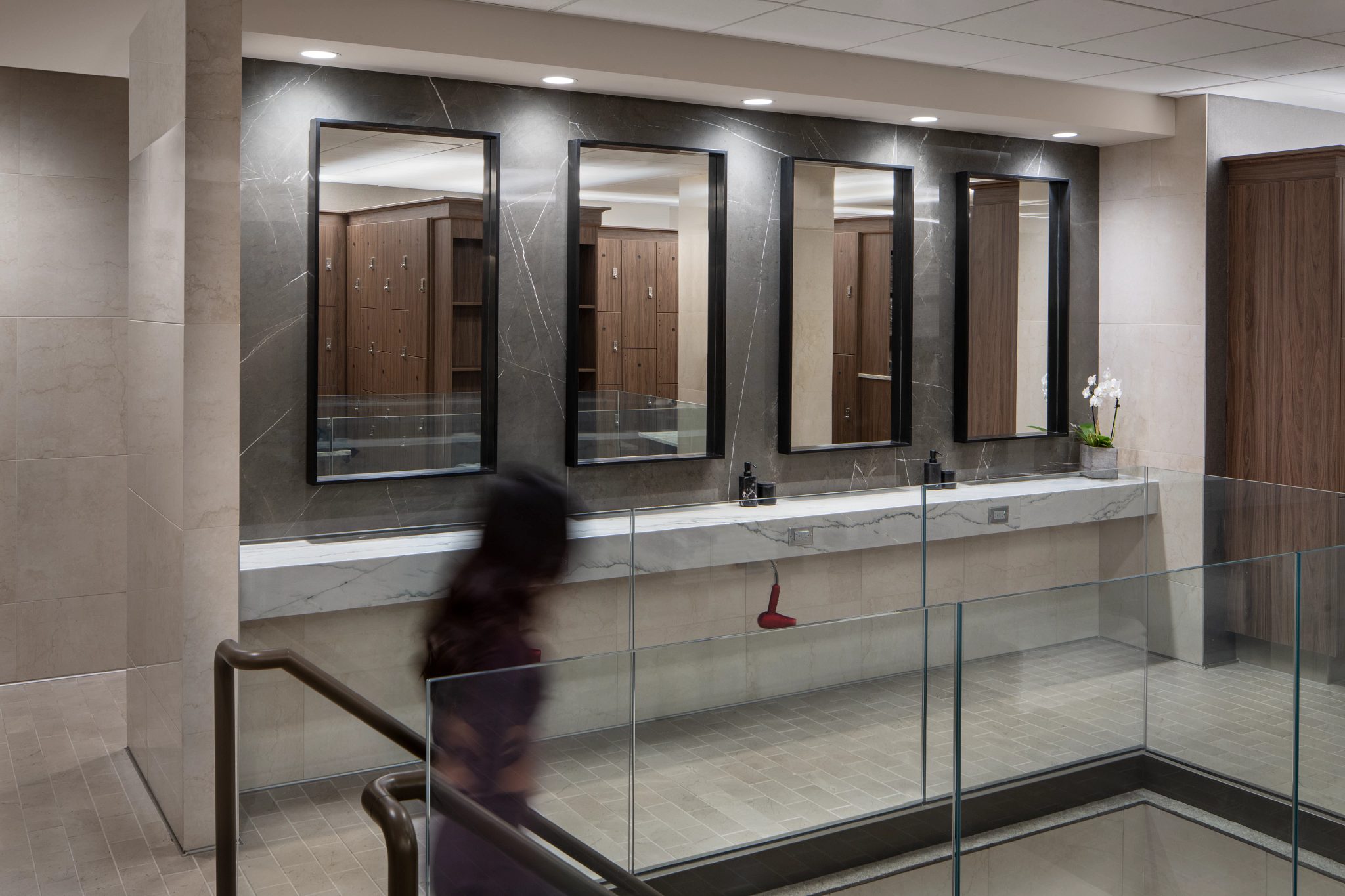 Vanity area in a locker room at Life Time