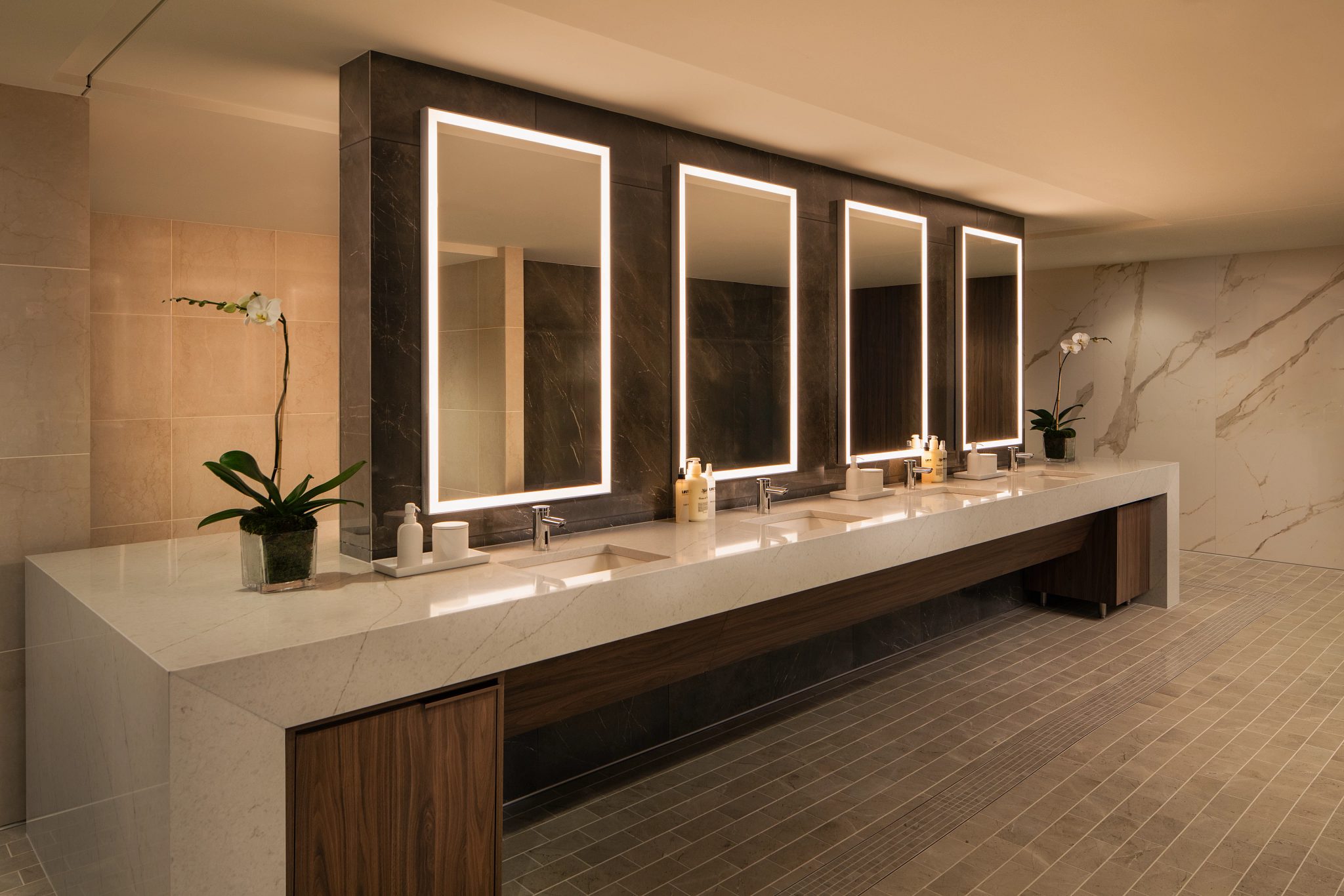 vanities inside the locker room at Life Time