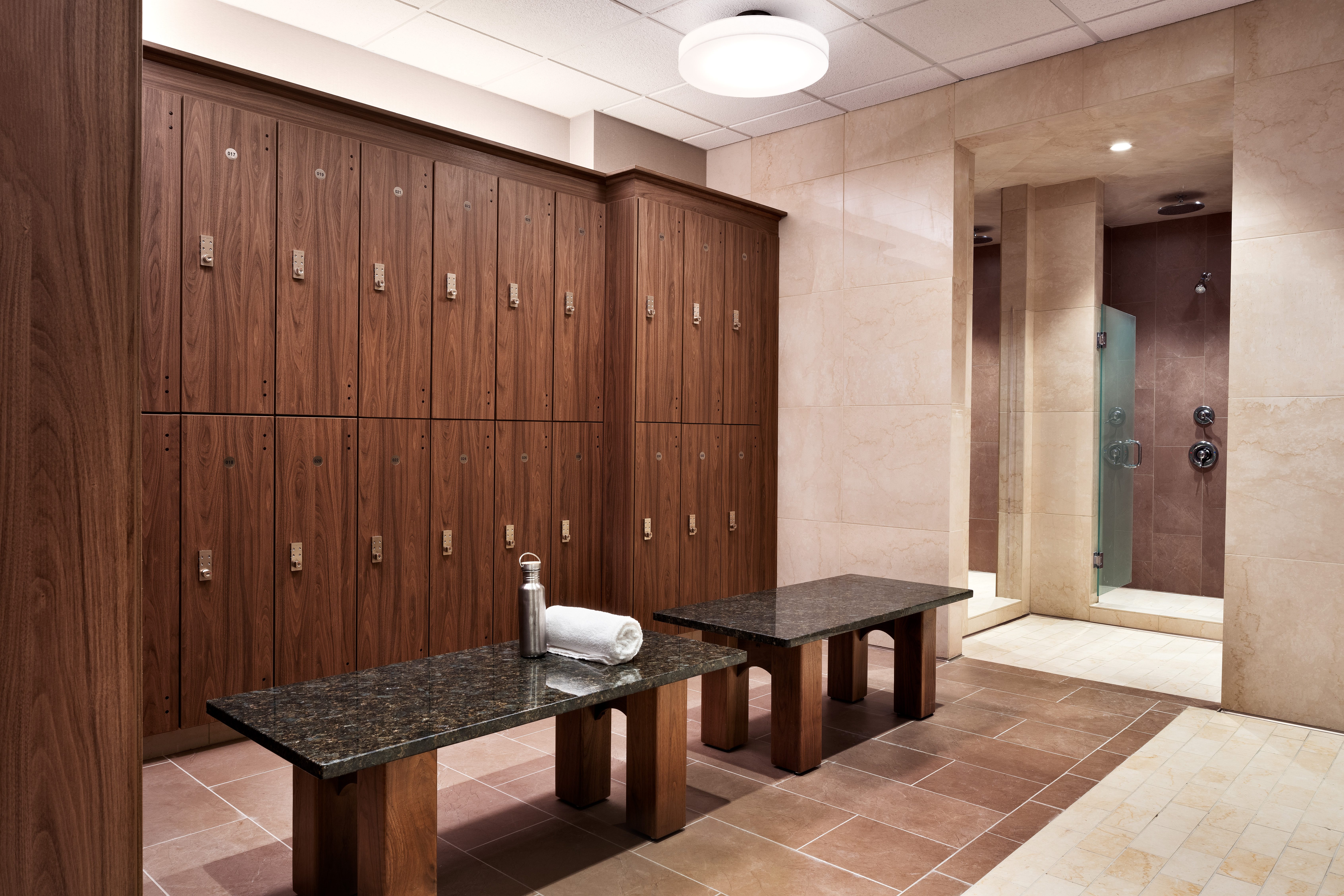 Lockers and shower area at Life Time Studio Battery Park