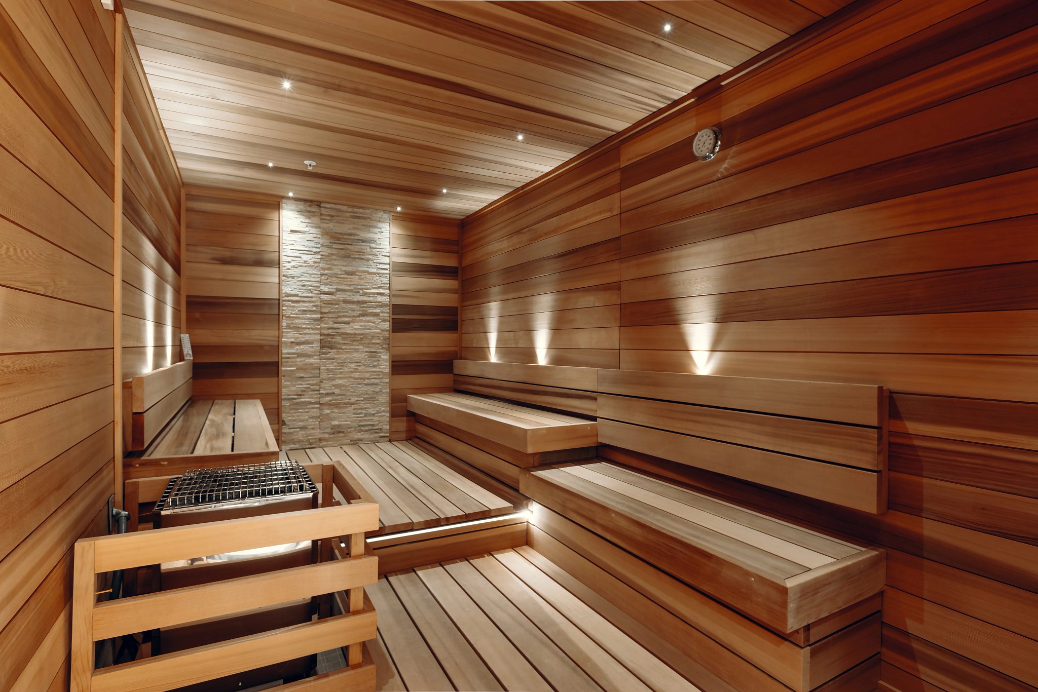 Brightly lit sauna at Life Time