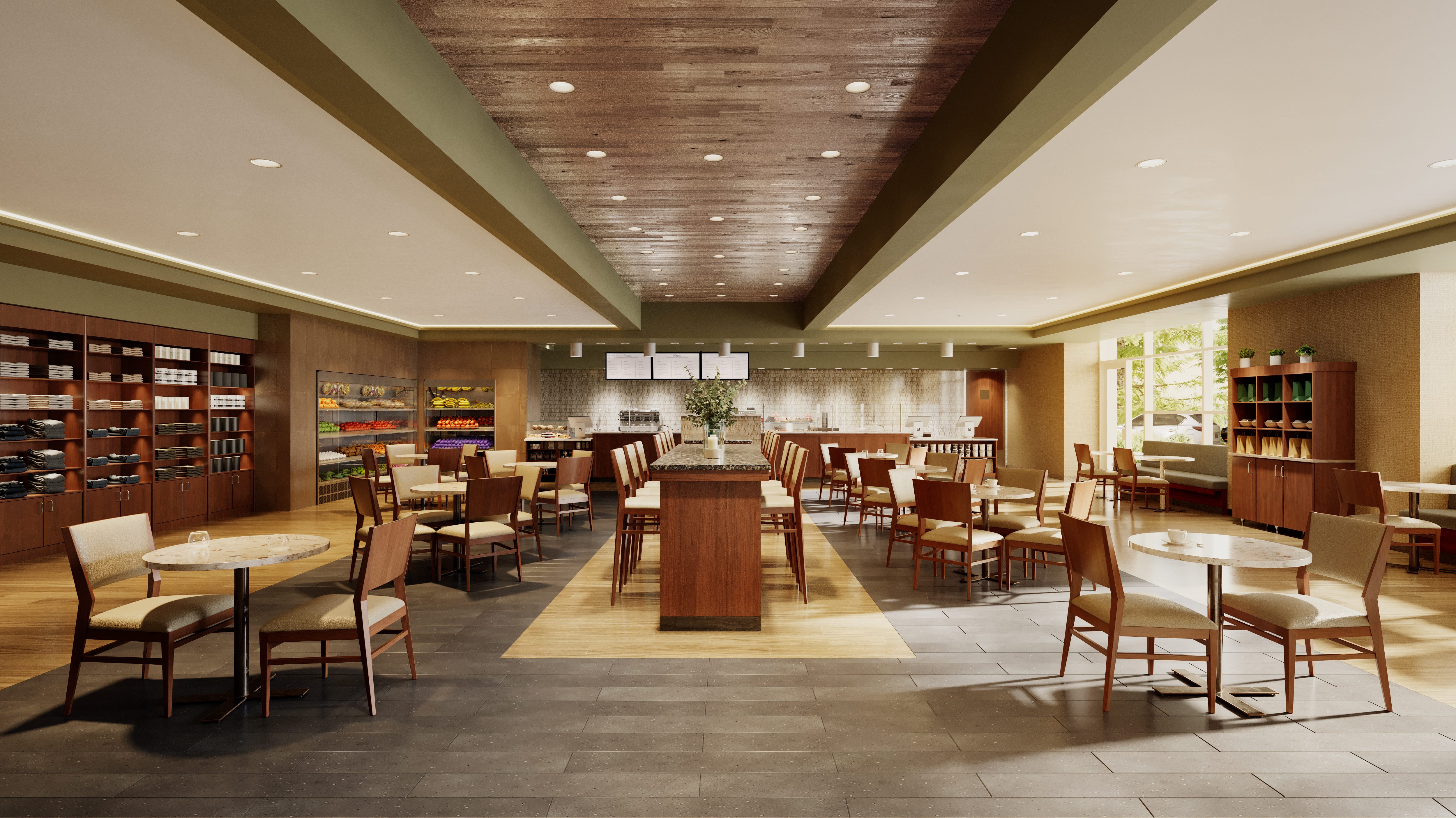 Tables, chairs, and booths in a warm dining environment