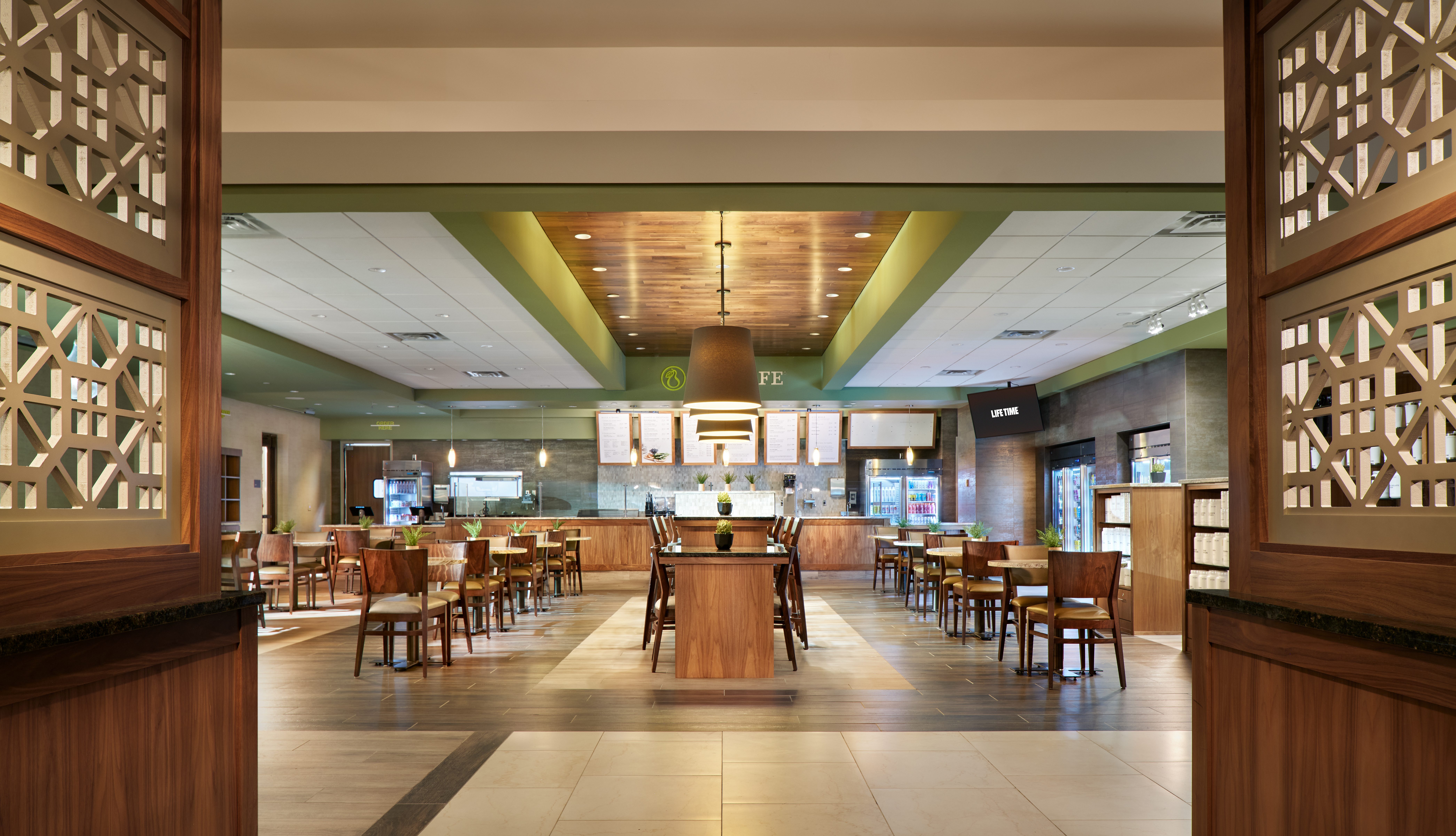 The Life Cafe area at Life Time with counter for ordering and many tables and chairs