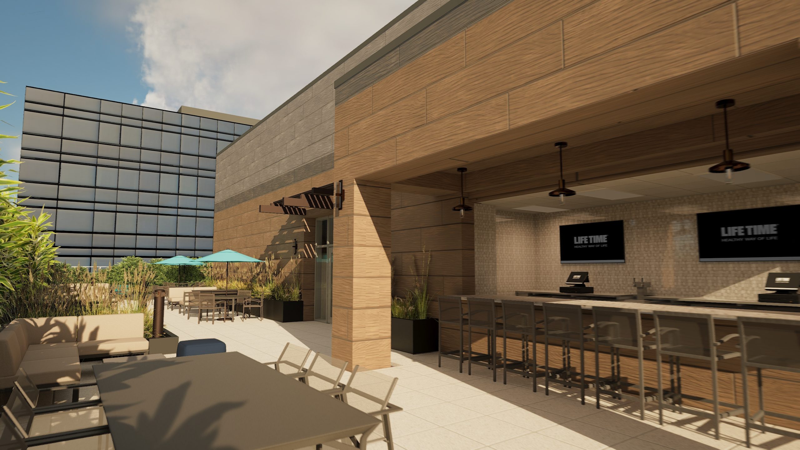 Poolside bistro seating area with tables, chairs, and bar