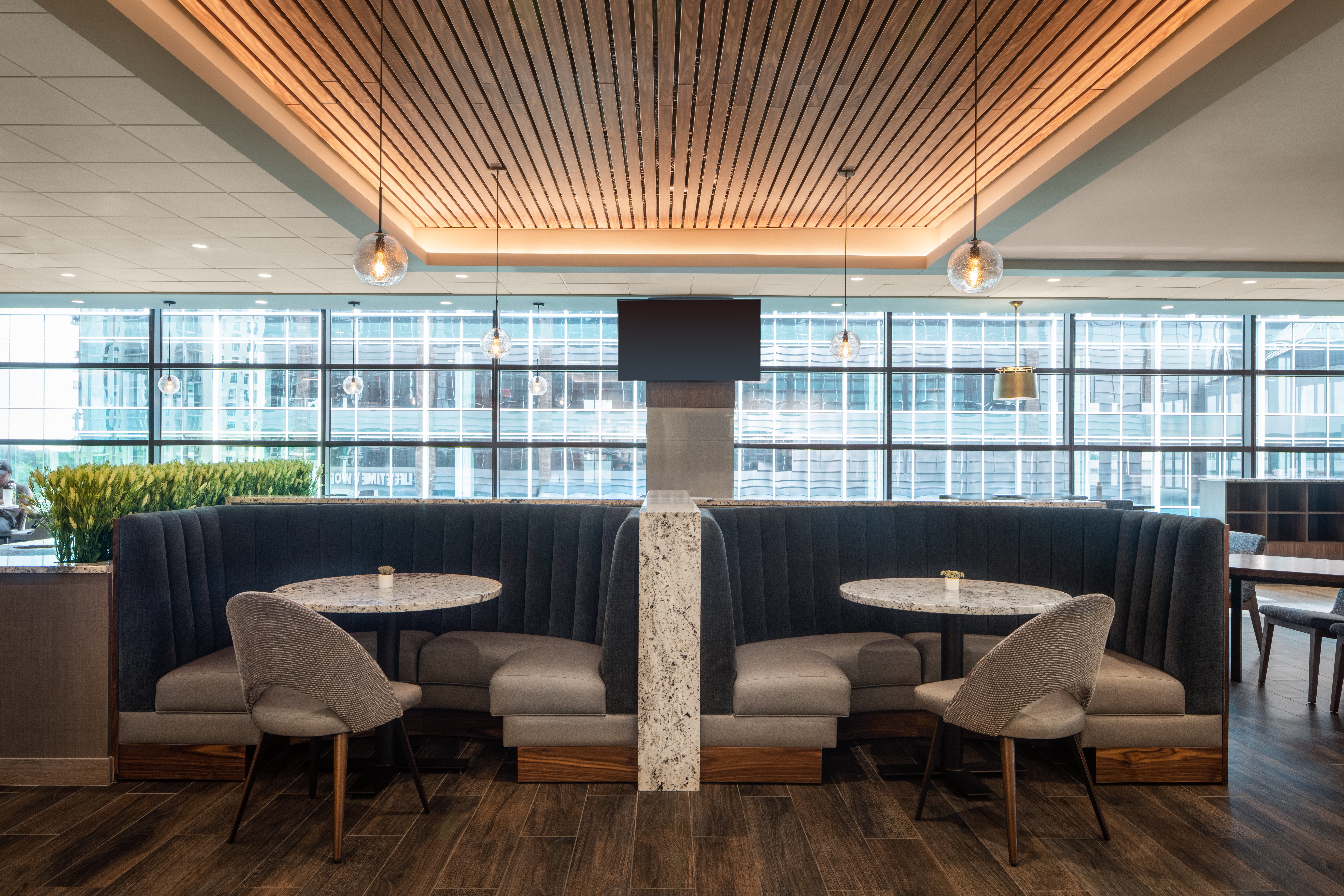 2 round booths in a cafe area