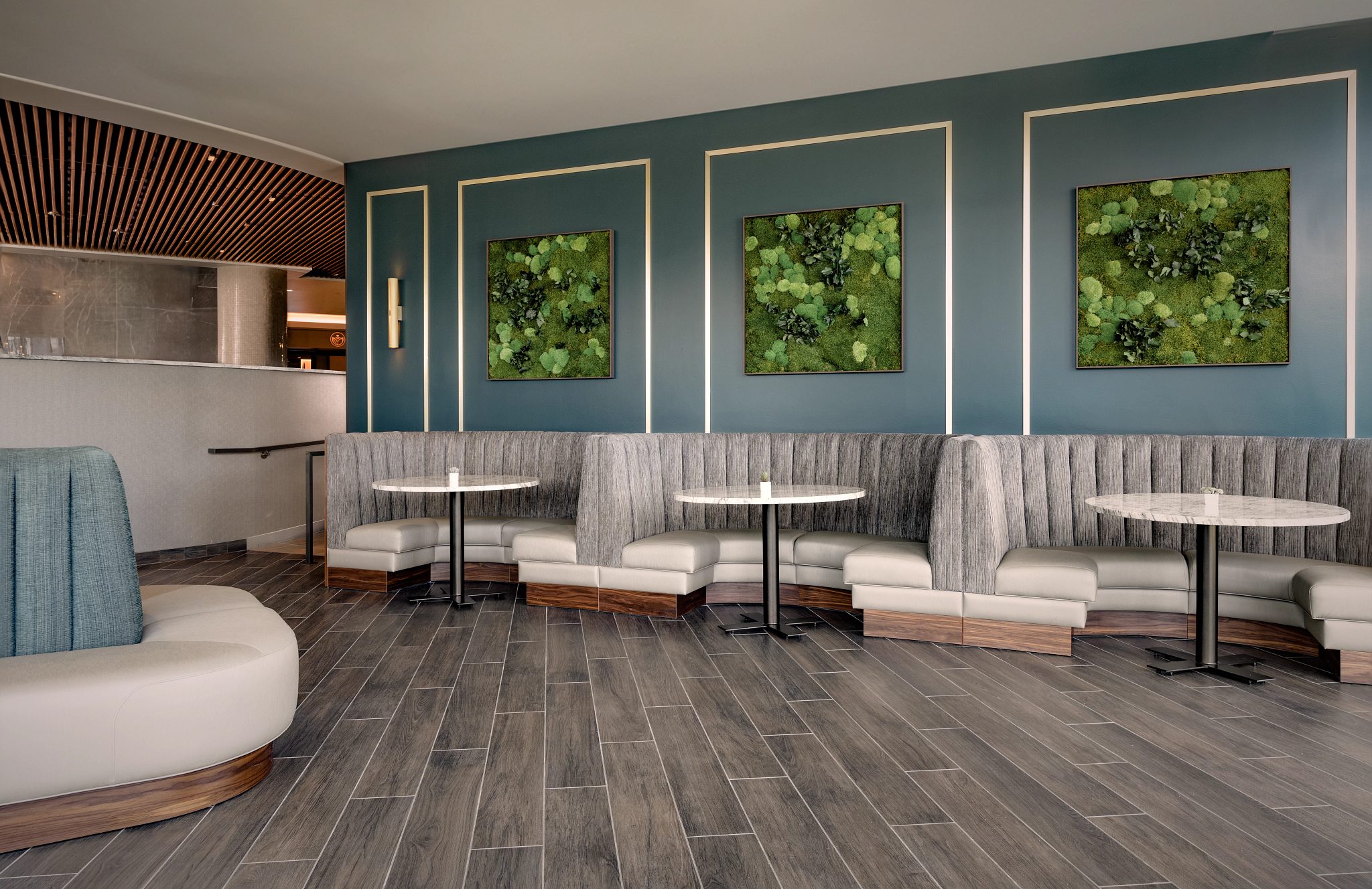 Tables and booth seating area at the LIfe Time Lakeshore Irvine club location