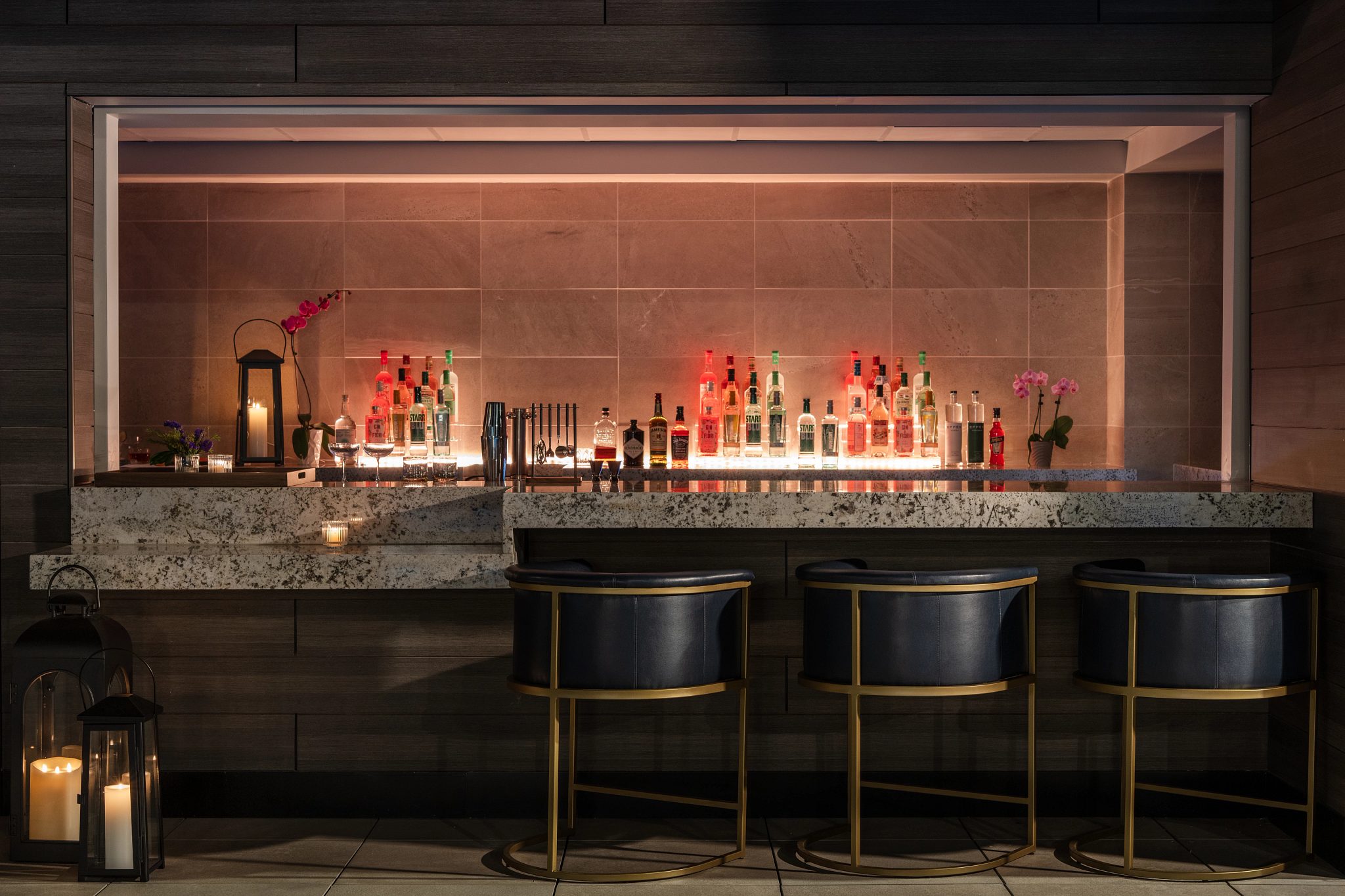 a dimly lit bar area