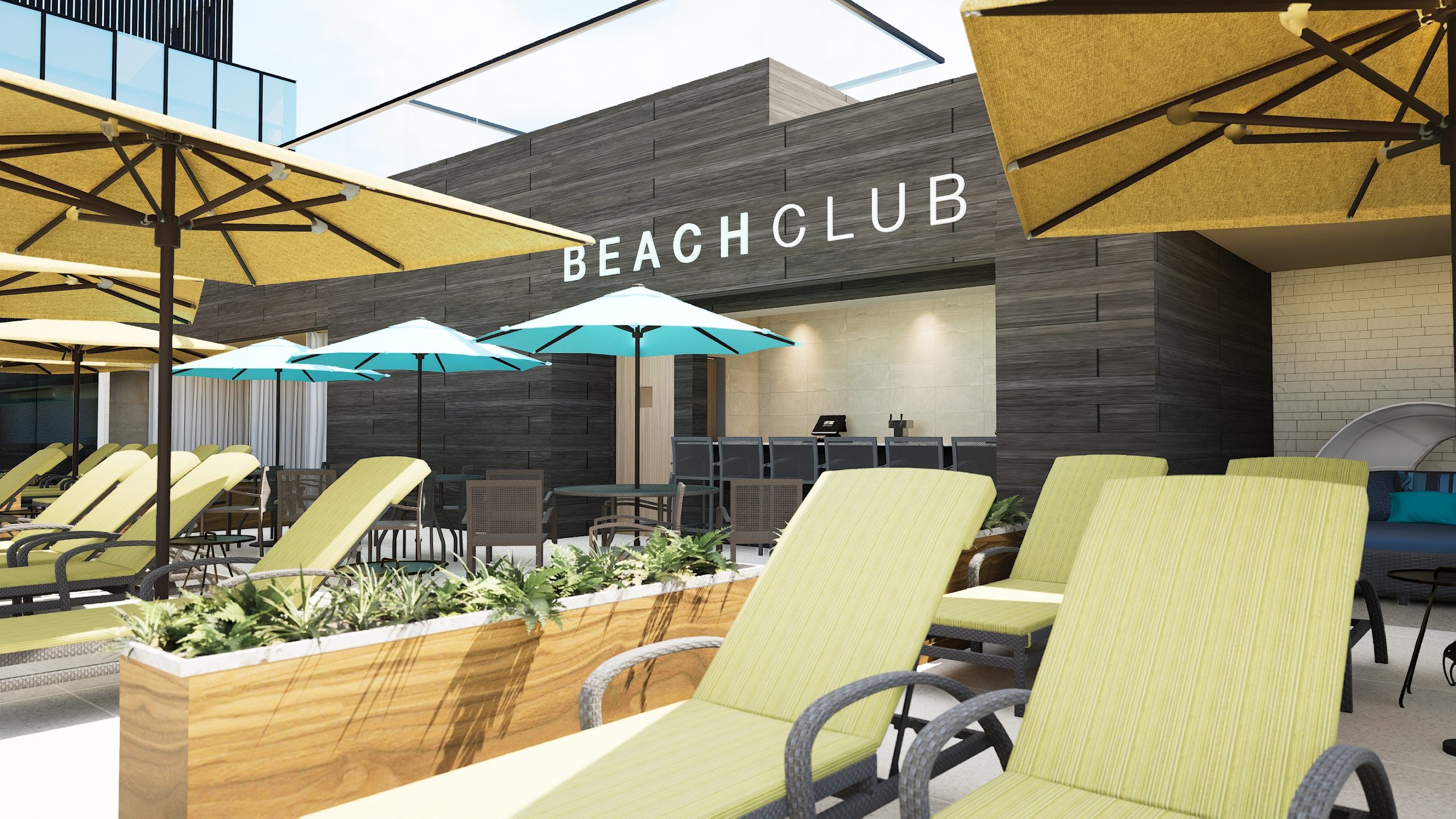 Tables, chairs, and umbrellas at the lifecafe poolside