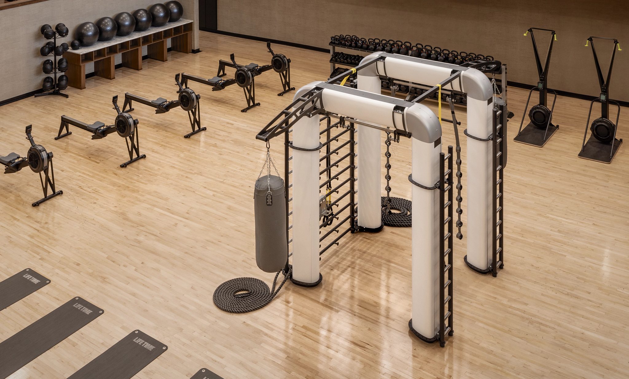 Overhead view of an Outrace machine on the fitness floor at Life Time