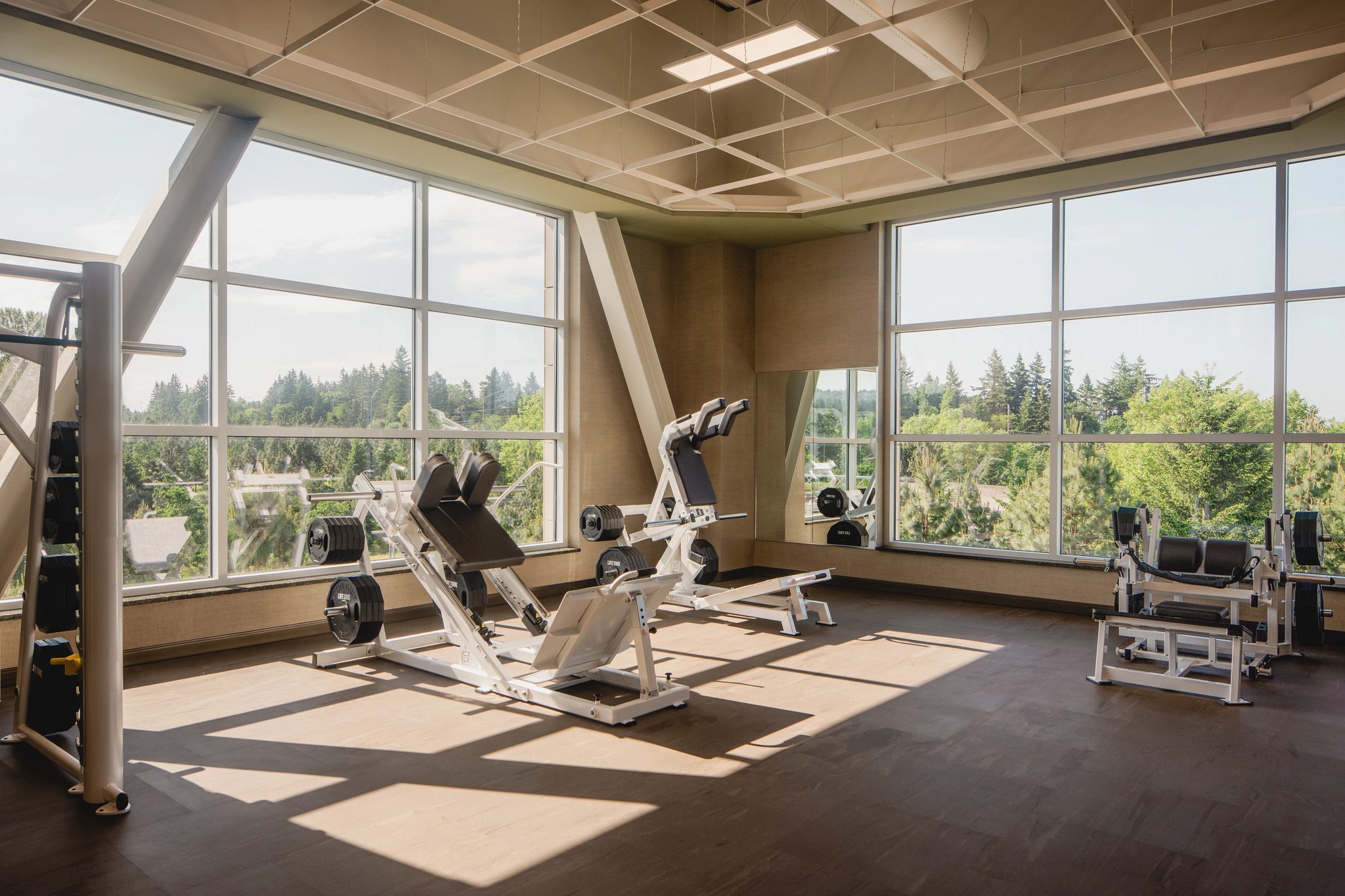 strength training machines in a brightly lit corner of a workout center
