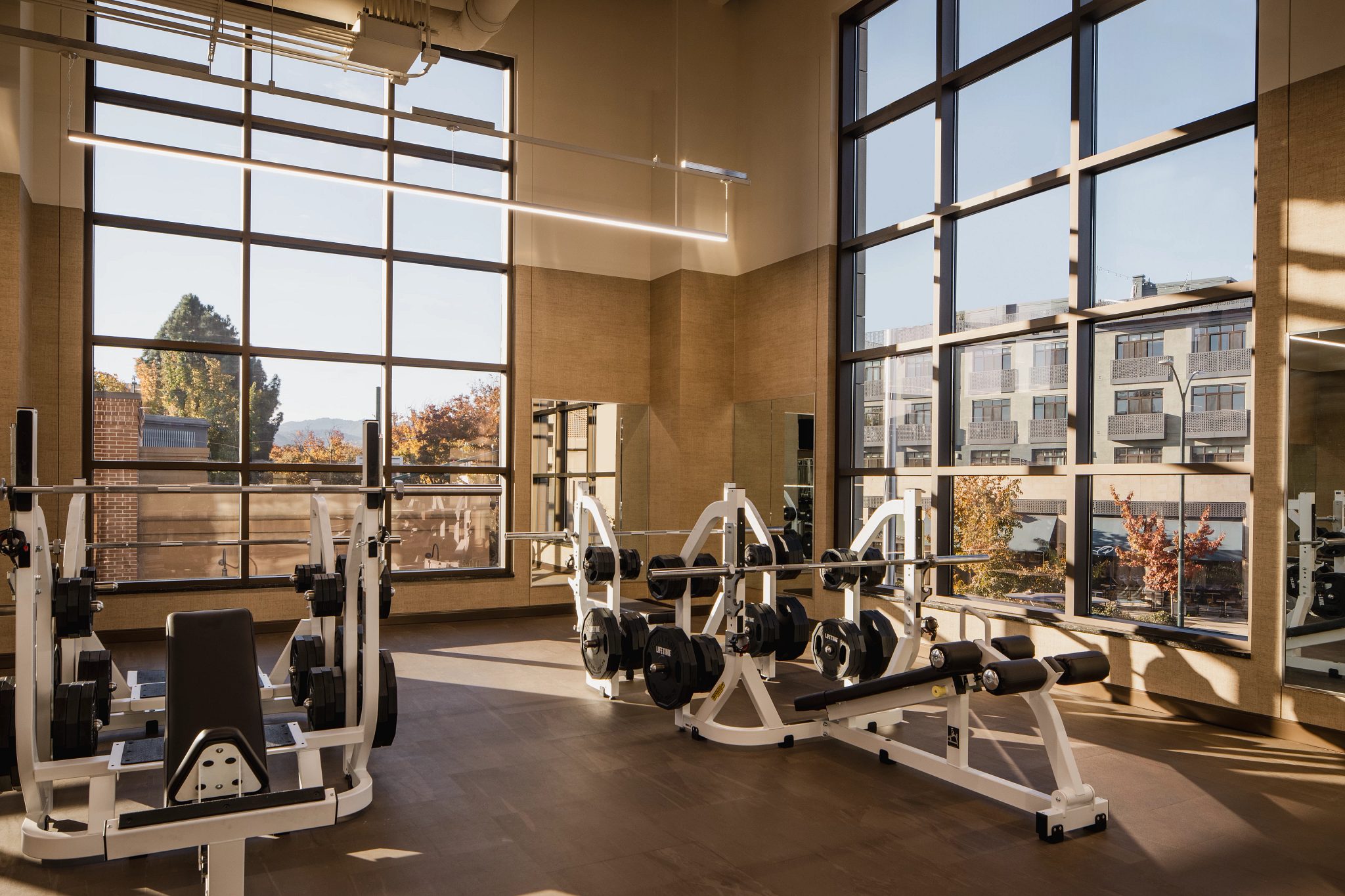 Weight benches on the fitness floor at the Walnut Creek Life Time club location