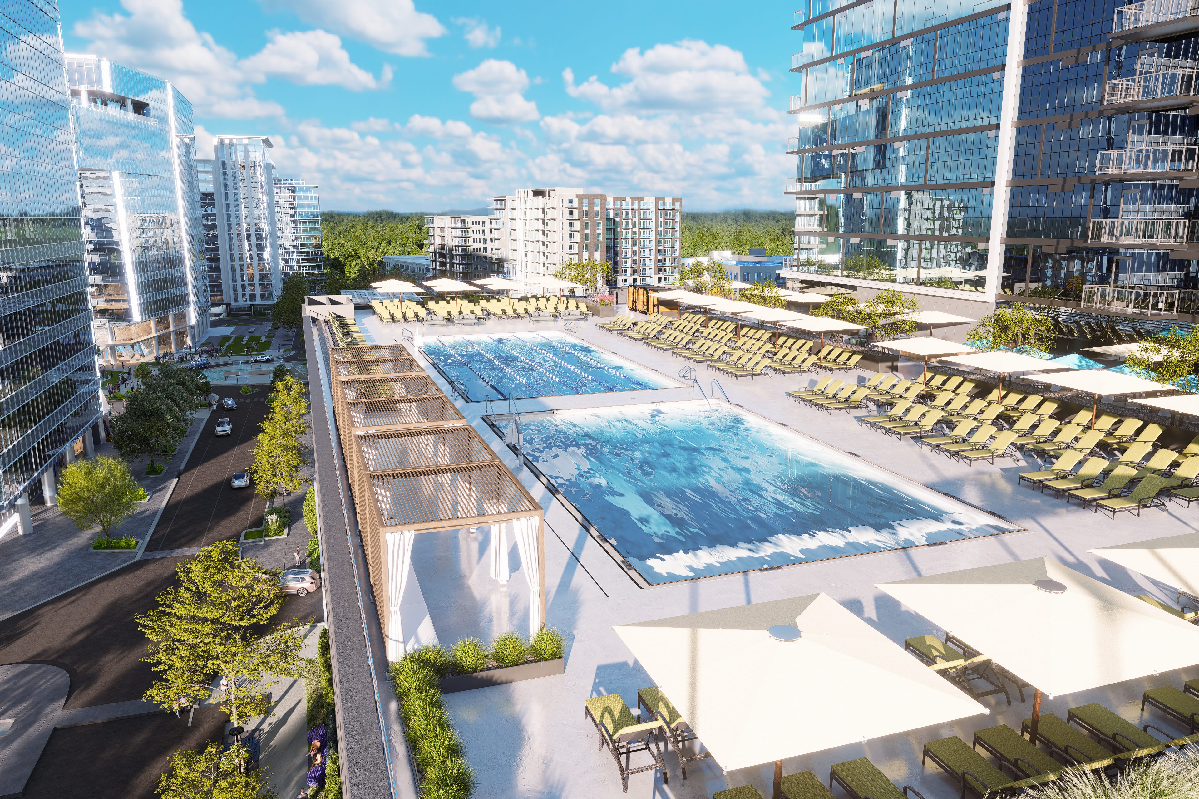 Illustration of two outdoor pools at Raleigh Life Time Living.