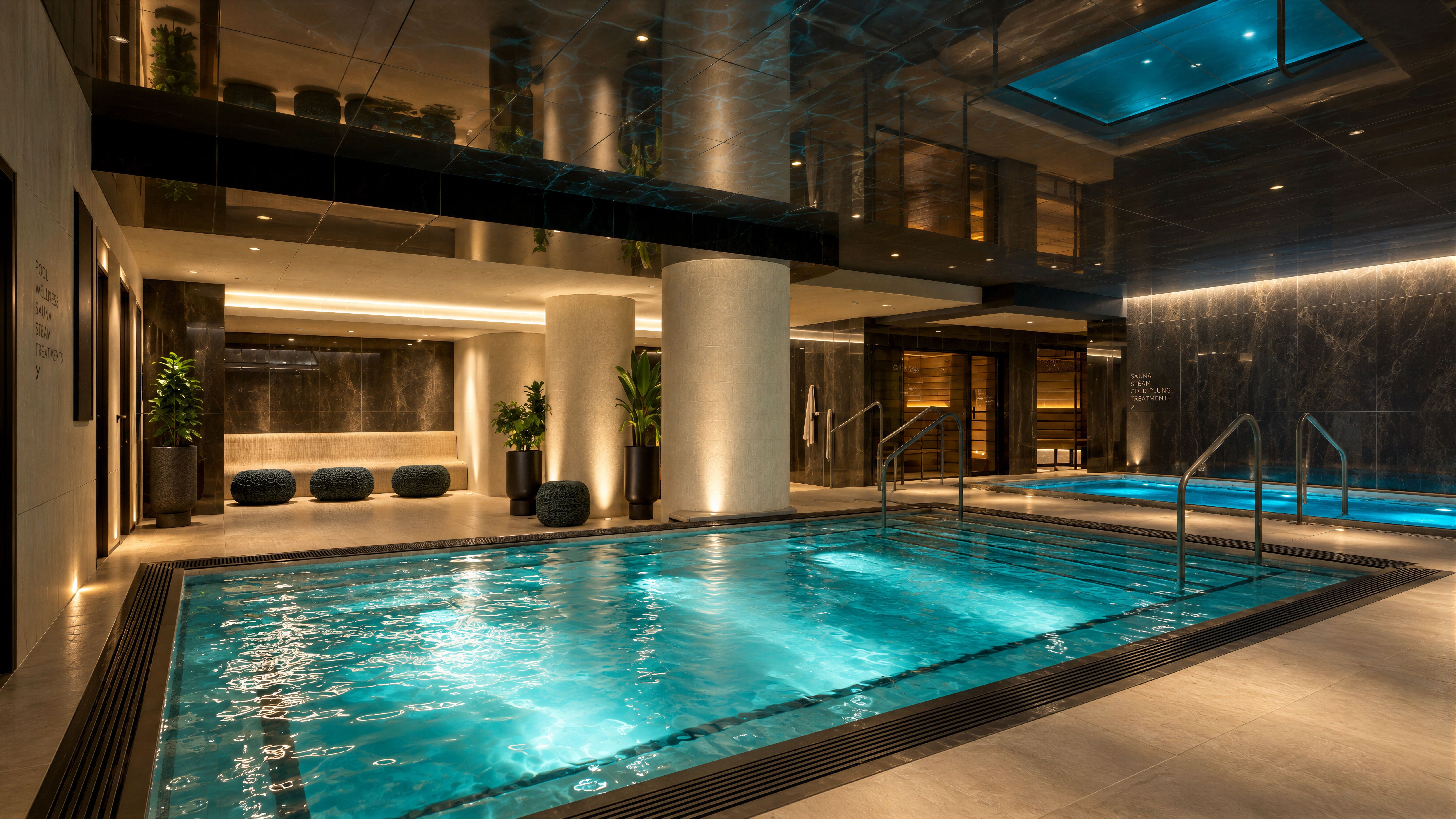 A moody wet suite containing a whirlpool, sauna, steam room and cold plunge at the Bryant Park Life Time.