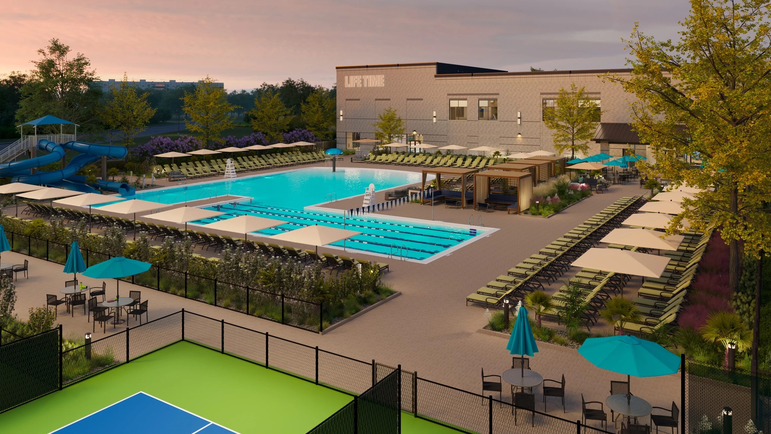 Exterior of Life Time Building with pools and courts