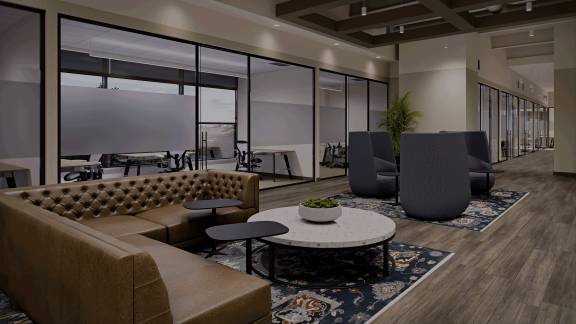 tan leather couch in a seating area at life time work