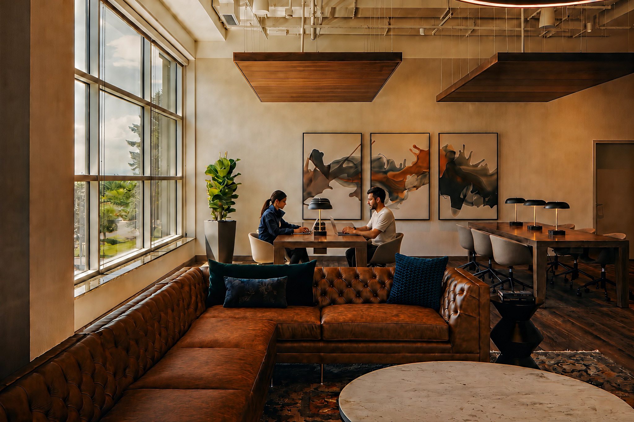 Two people sitting at a table working on their laptops