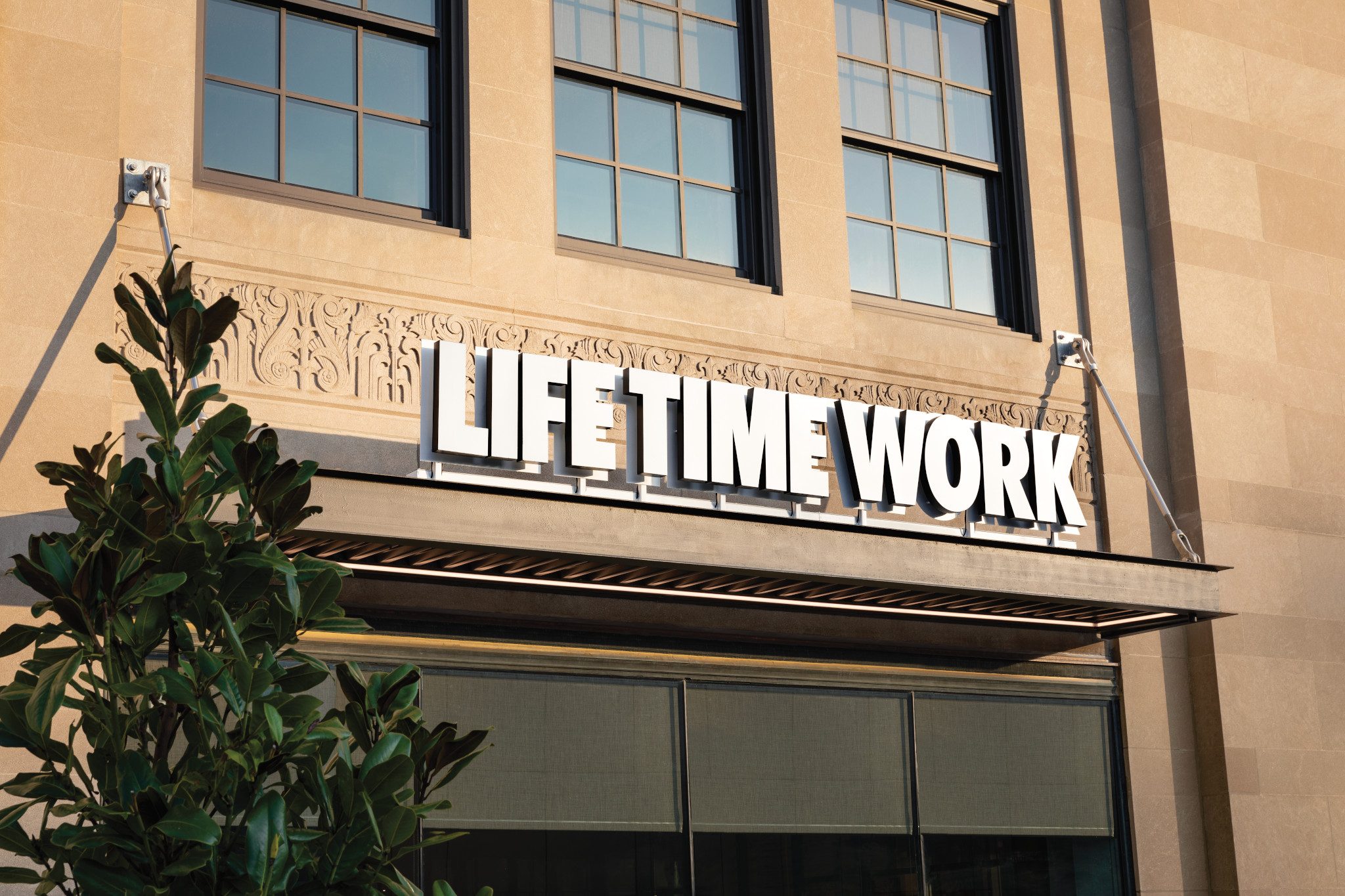 The exterior signage on the outside of the building at Life Time Work Ardmore