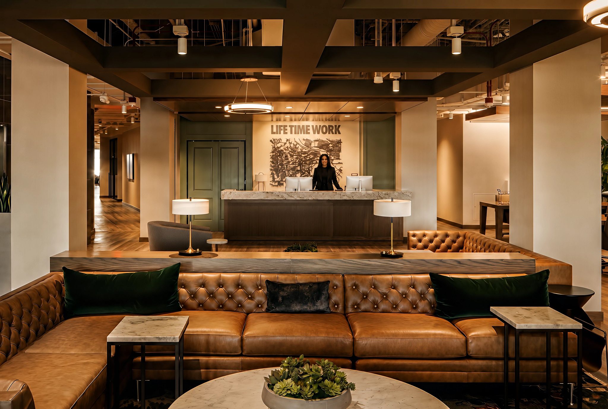 leather couch in reception area of Life Time Work