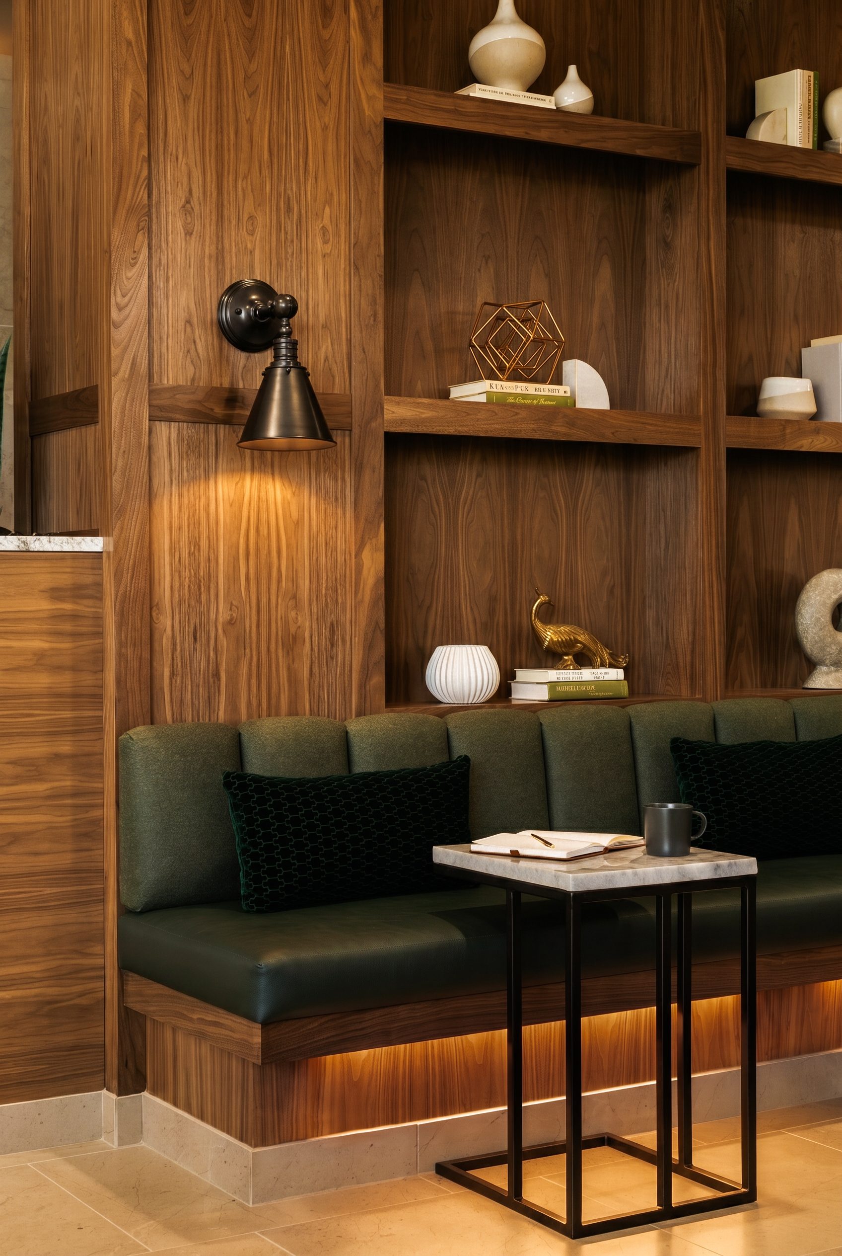 green couch and marble table in a working area at Life time Work