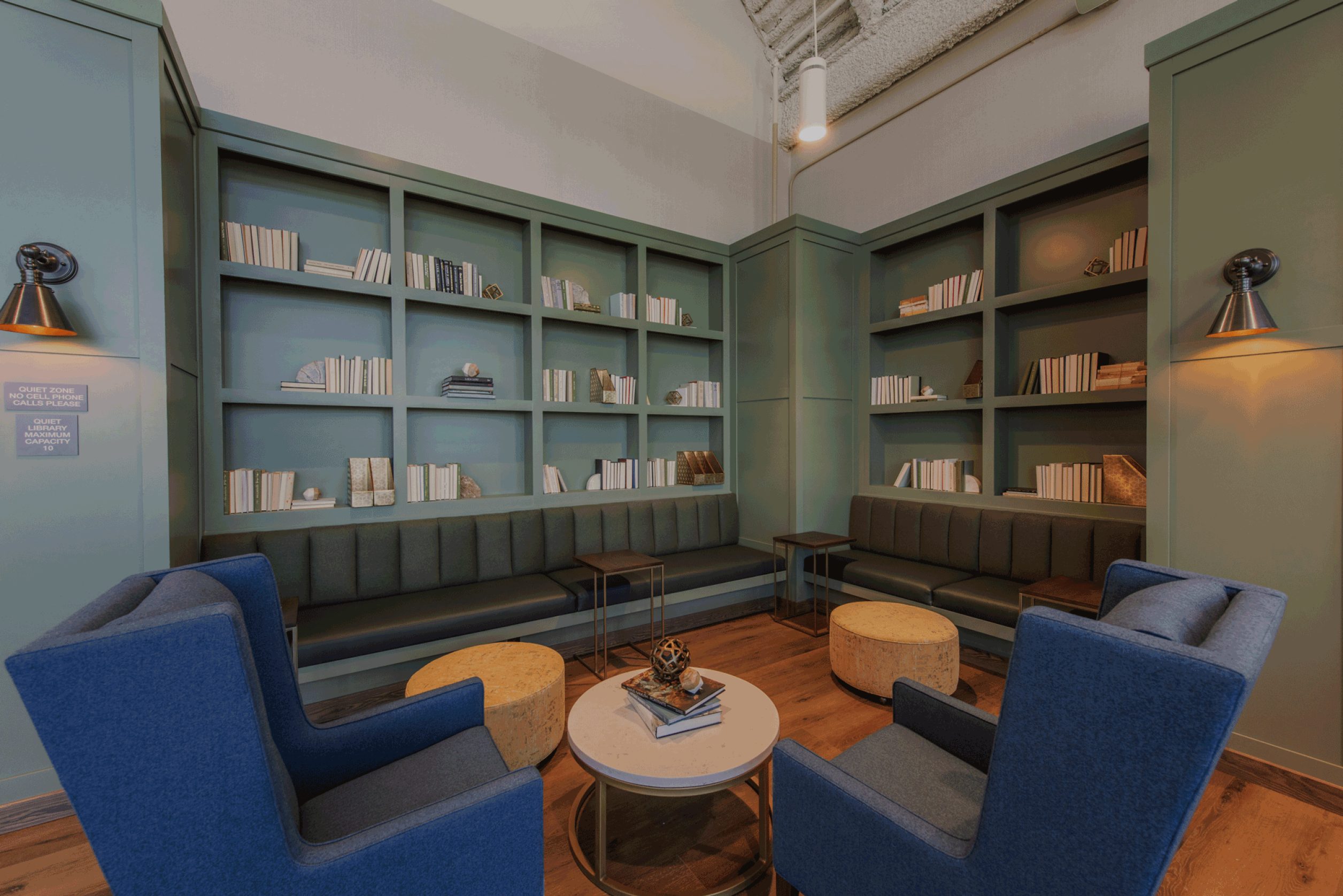 two blue chairs in an office space