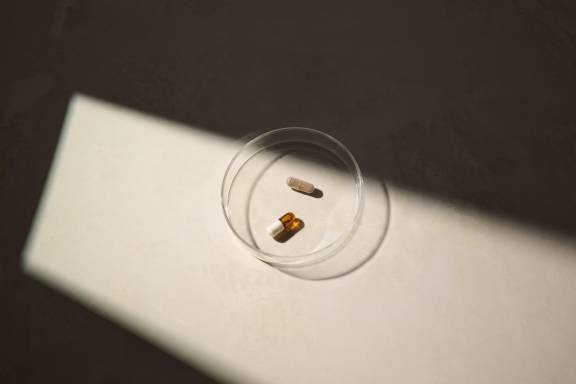 Two capsules placed inside a glass petri dish